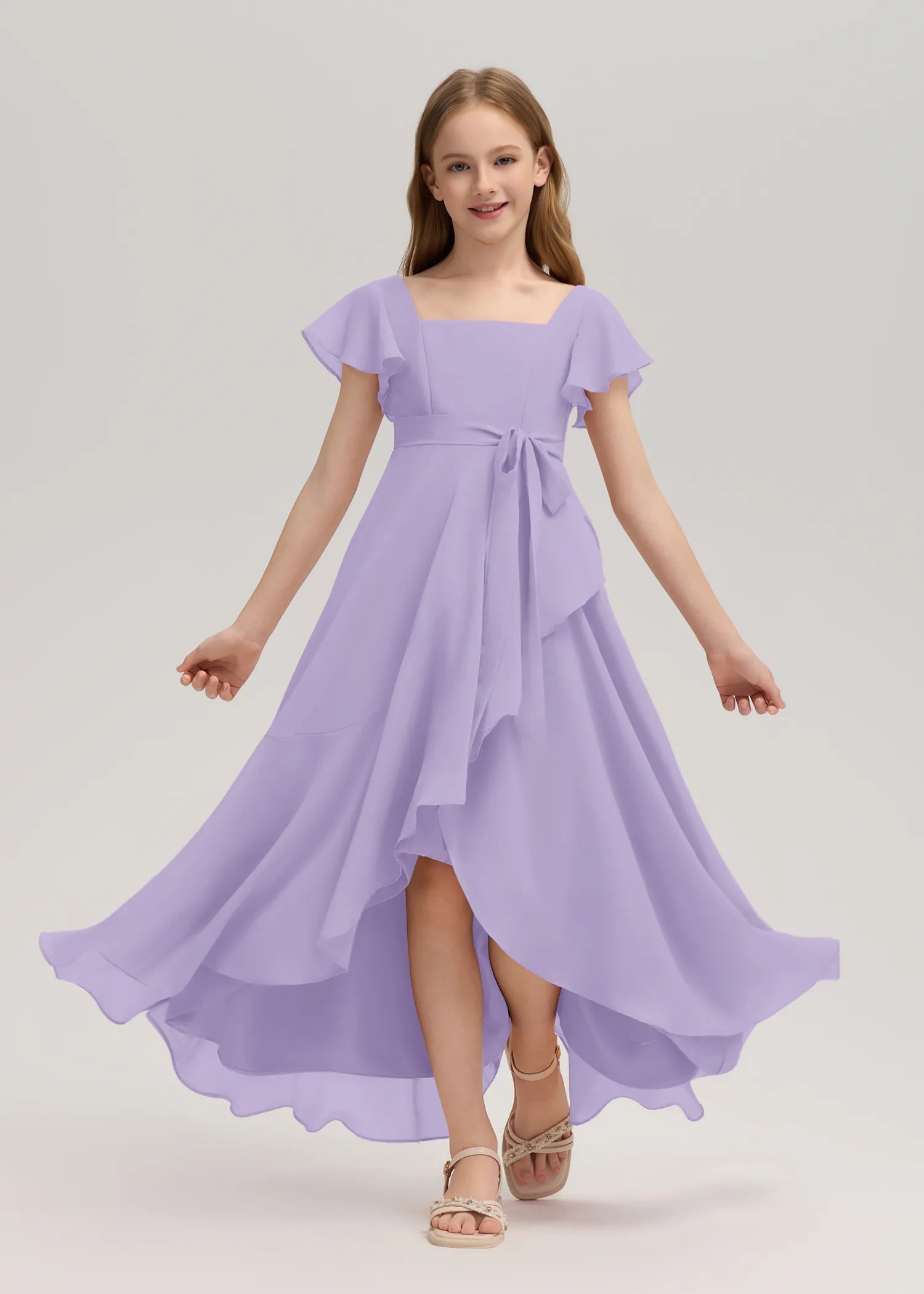 Square Neck Flutter Sleeve Chiffon Dress -[Purple]