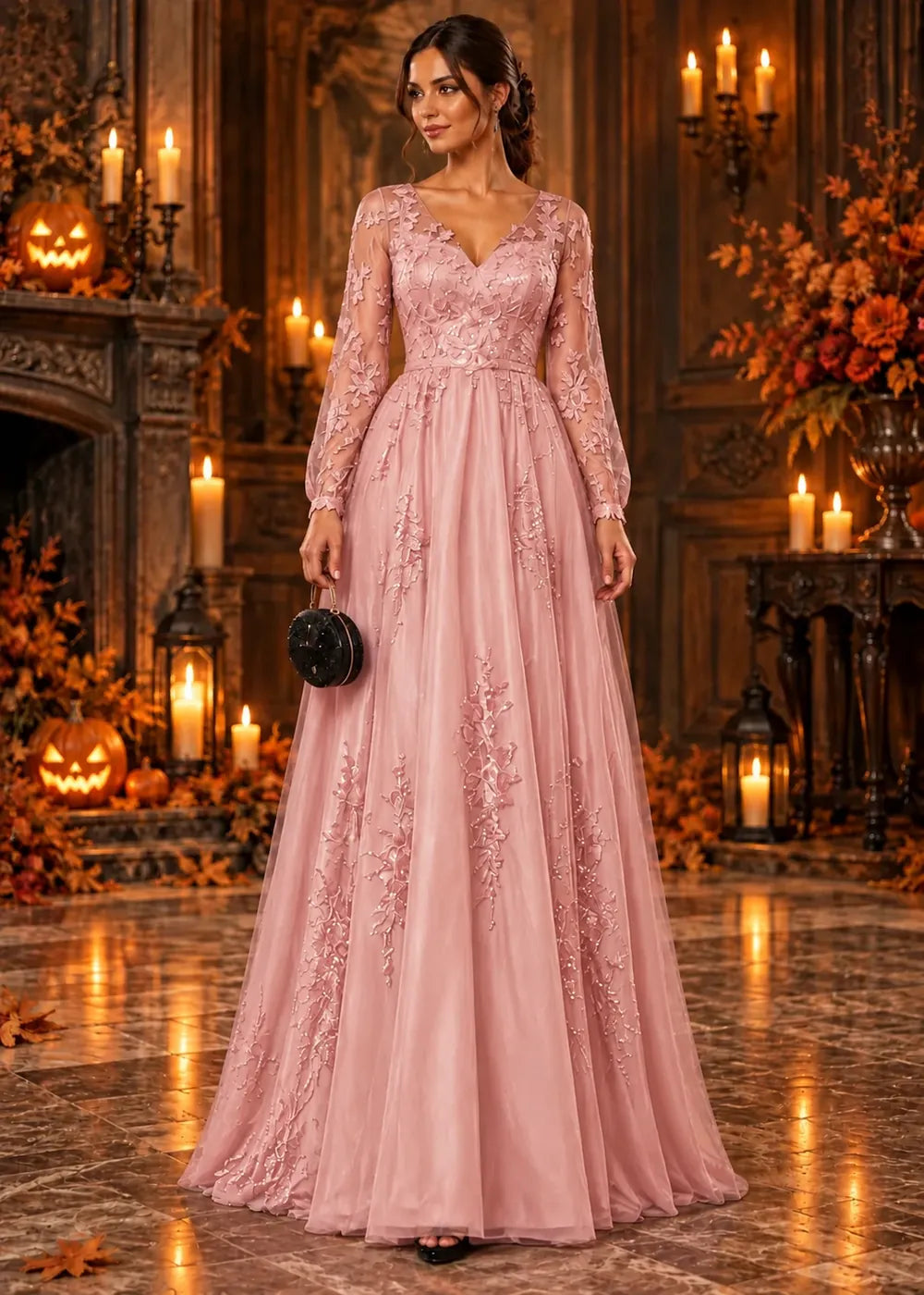 Front view of the blush pink evening gown with long sleeves and an allover floral-lace A-line skirt.