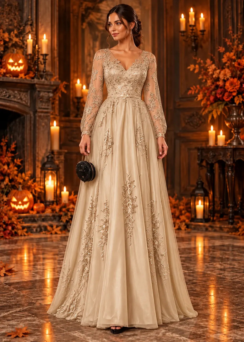 Front view of the champagne evening gown with long sleeves and an allover floral-lace A-line skirt.
