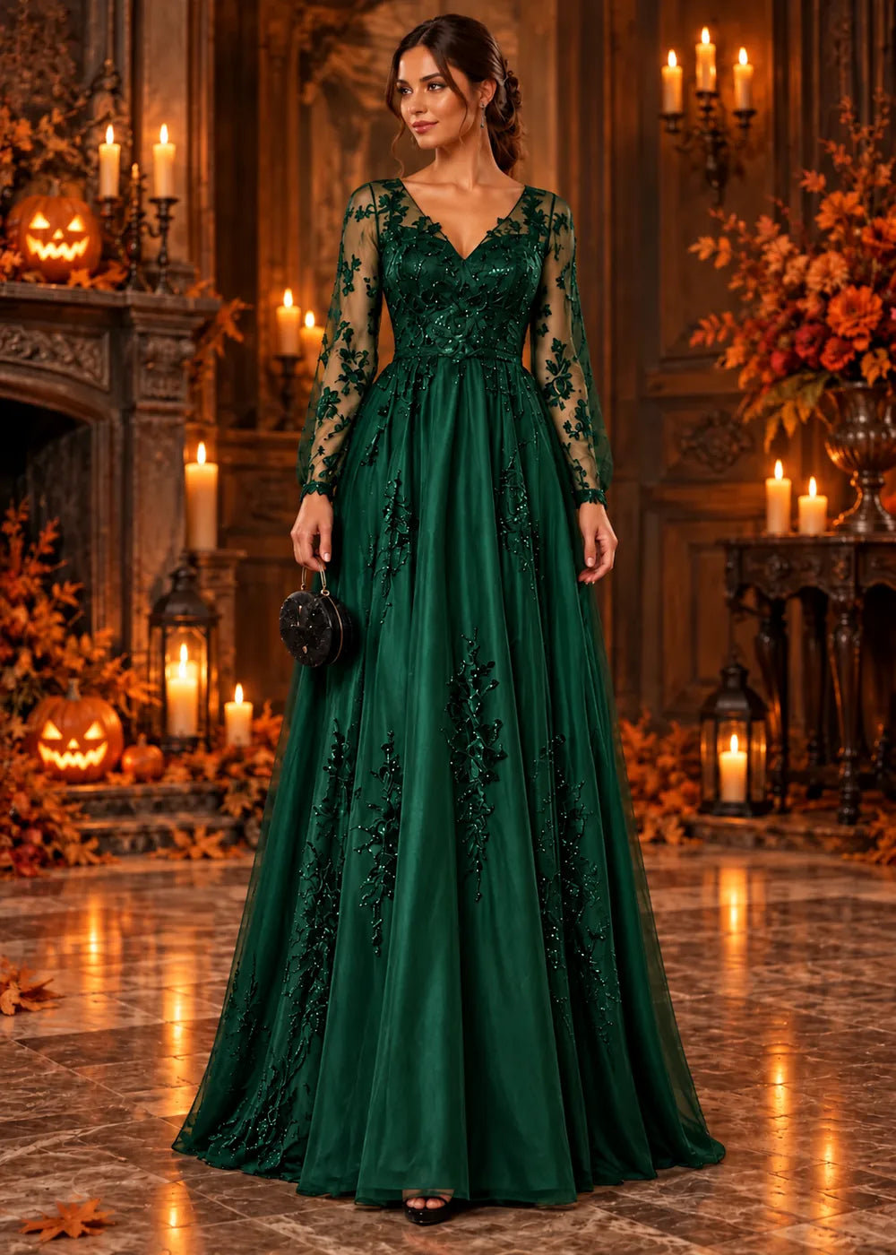 Front view of the emerald green evening gown with long sleeves and an allover floral-lace A-line skirt.