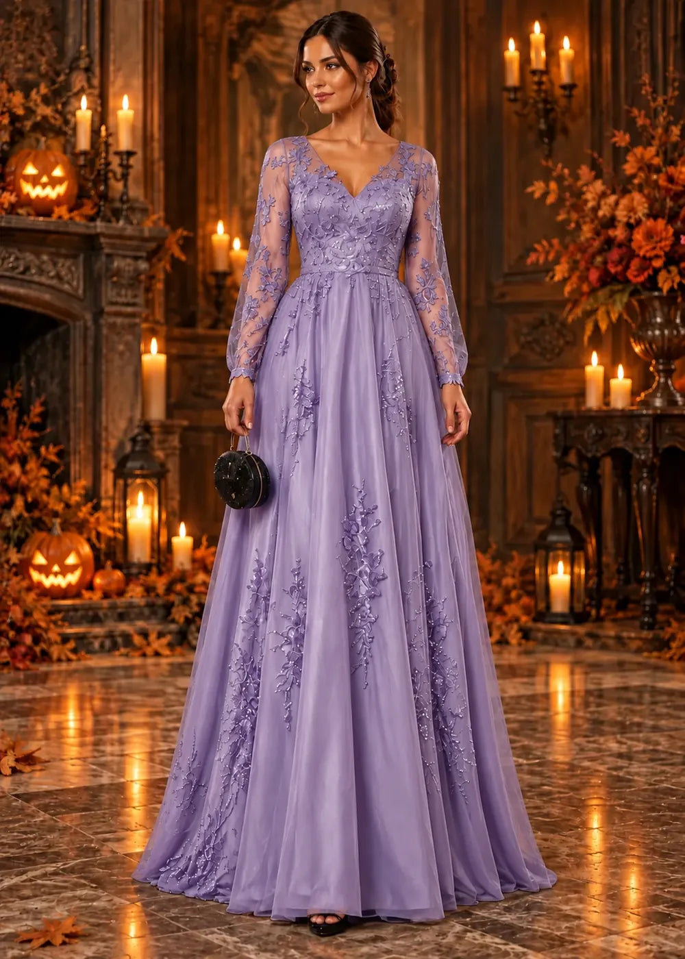 Front view of the lavender evening gown with long sleeves and an allover floral-lace A-line skirt.