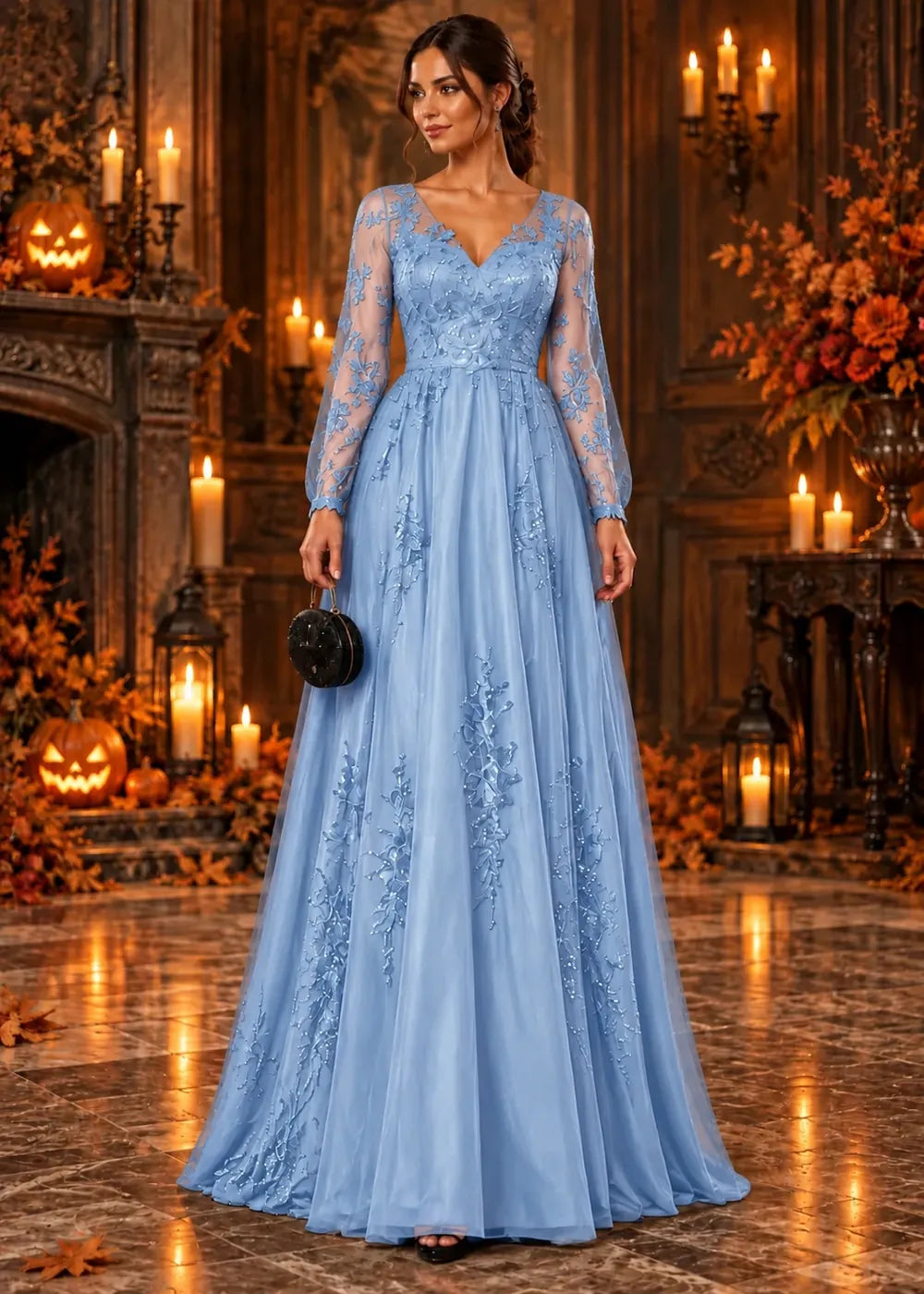 Front view of the light blue evening gown with long sleeves and an allover floral-lace A-line skirt.