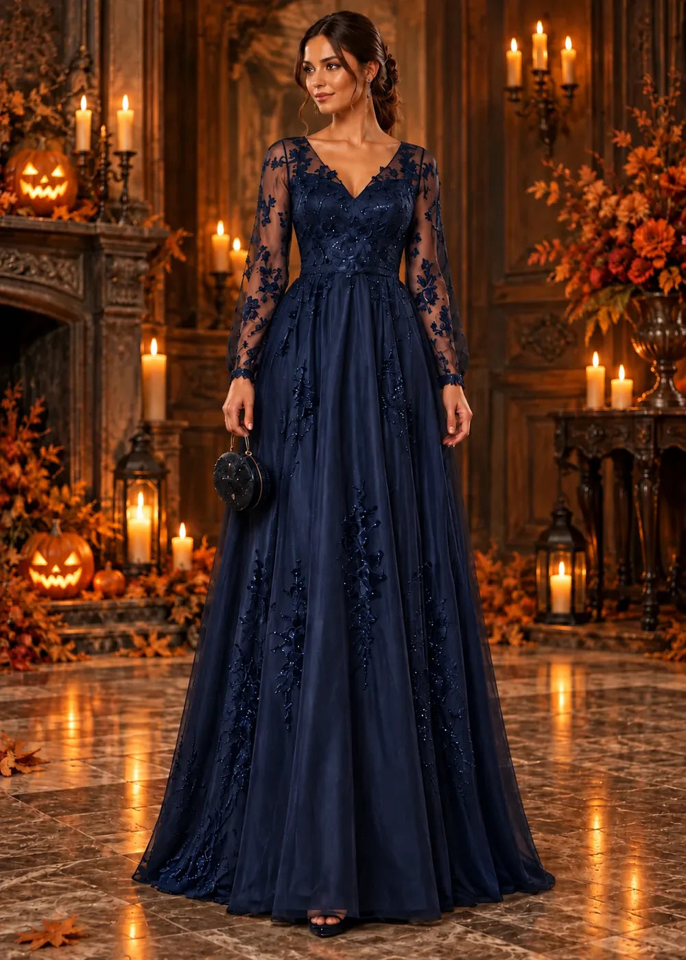 Front view of the navy blue evening gown with long sleeves and an allover floral-lace A-line skirt.