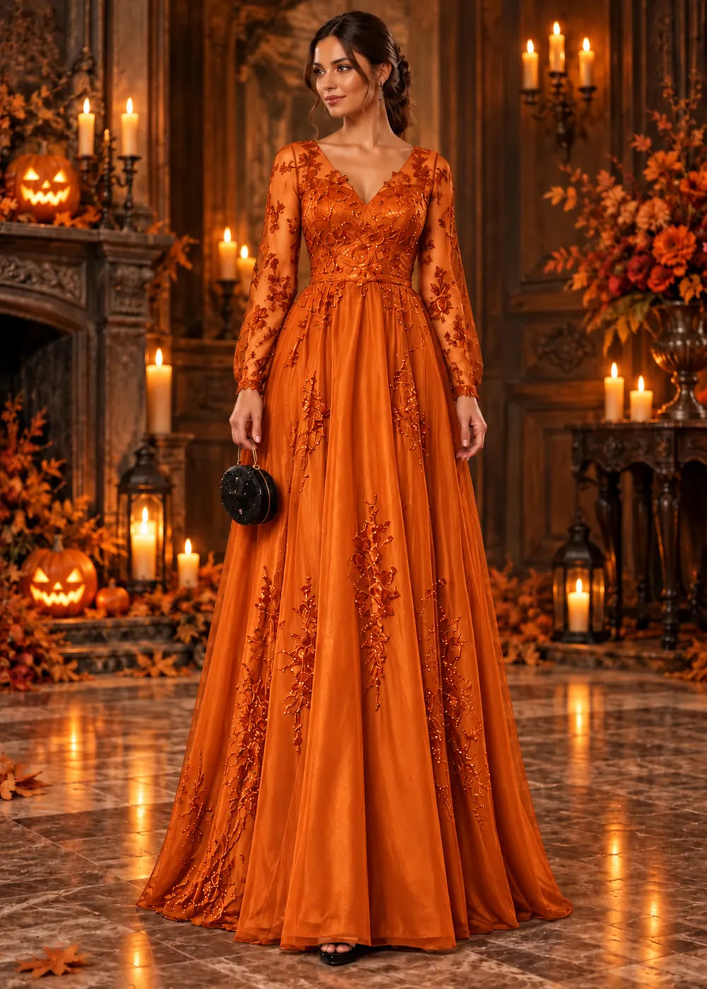 Front view of the pumpkin orange evening gown with long sleeves and an allover floral-lace A-line skirt.