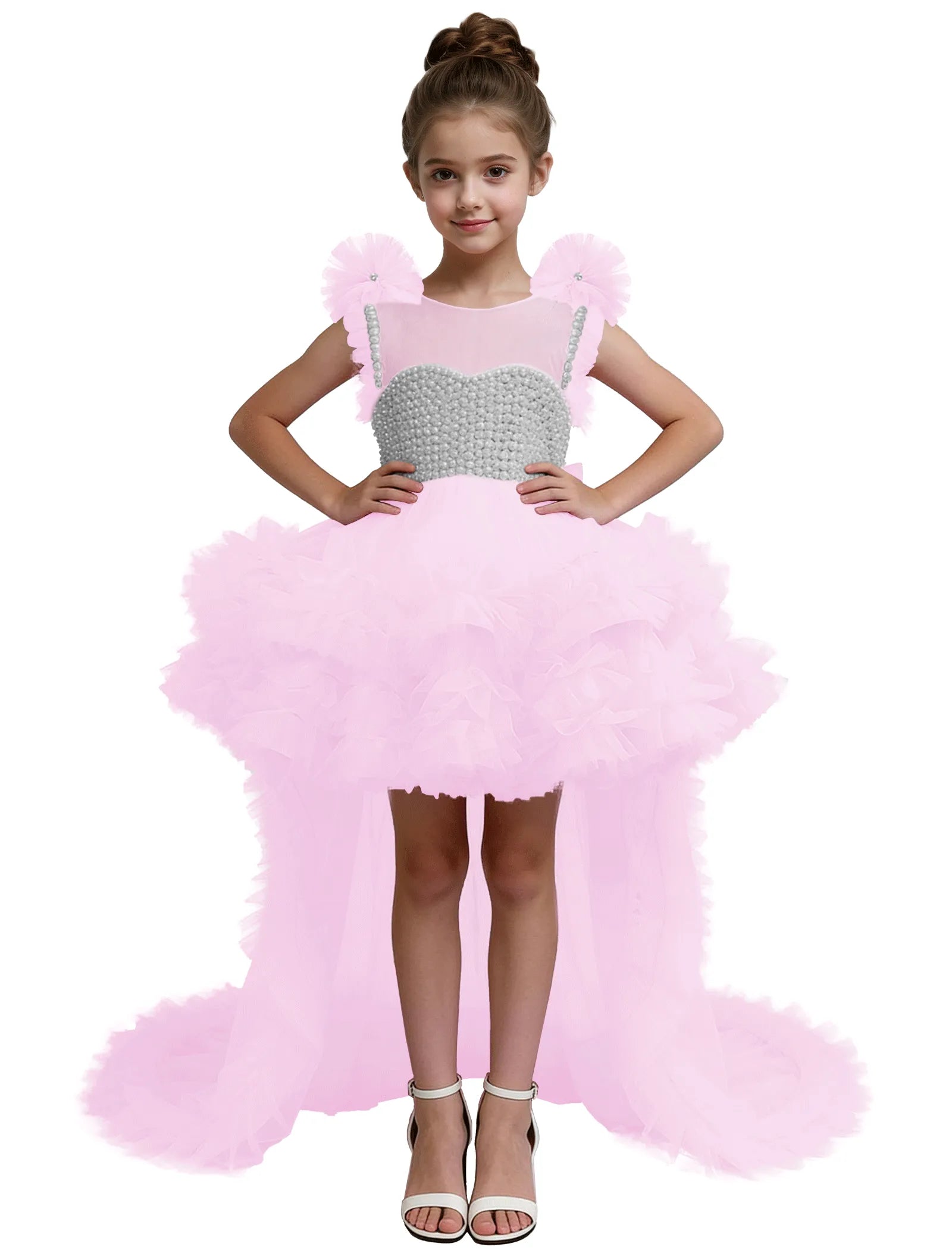 High-Low Pearl Bodice Tulle Princess Gown for Girls