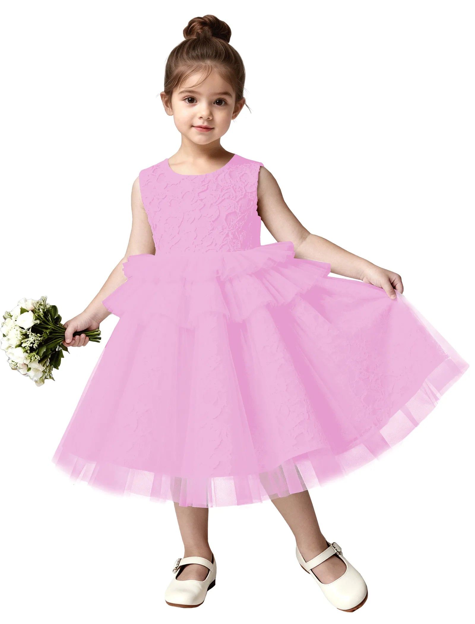 Girls Lace Flower Girl Dress with Tulle Layers