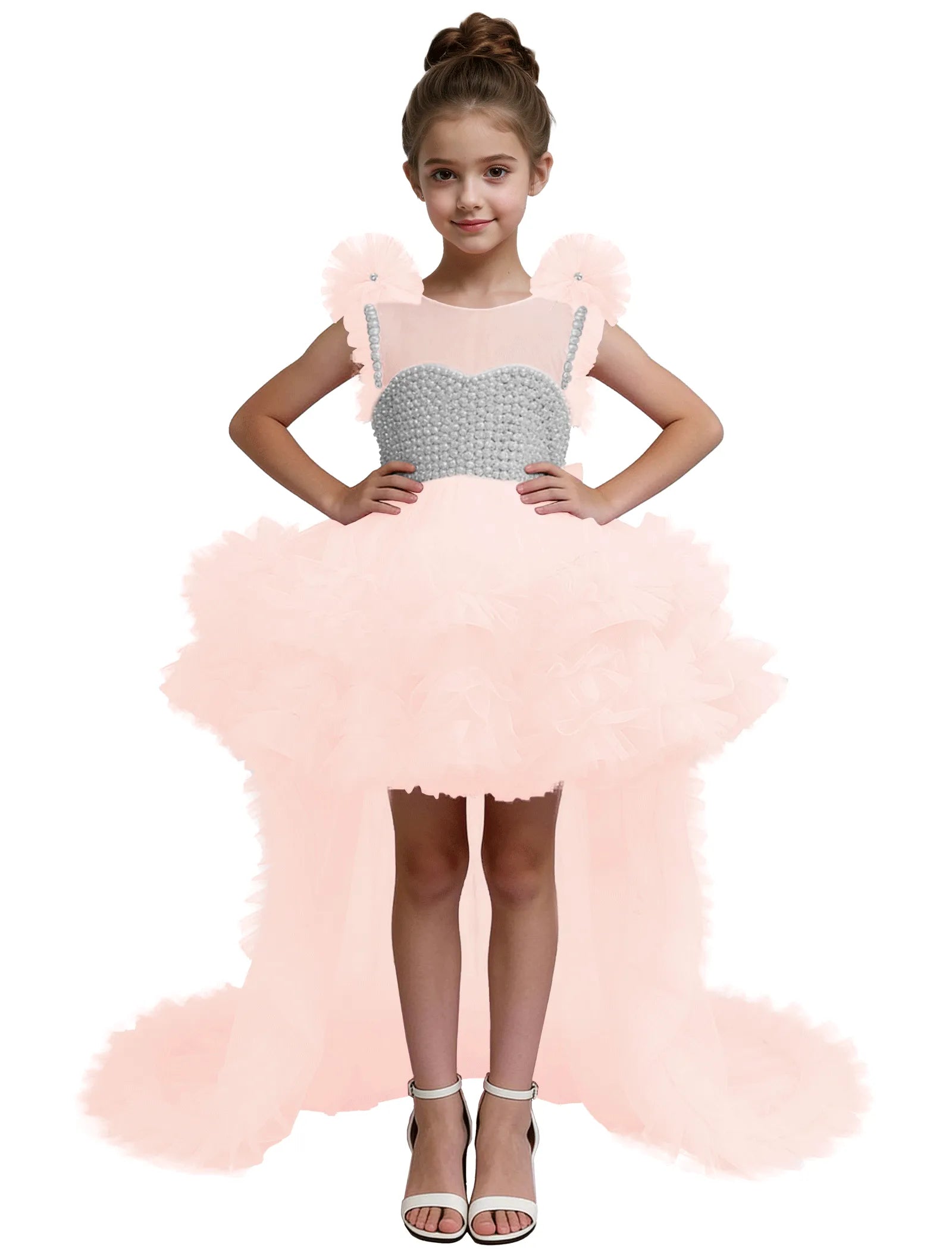 High-Low Pearl Bodice Tulle Princess Gown for Girls