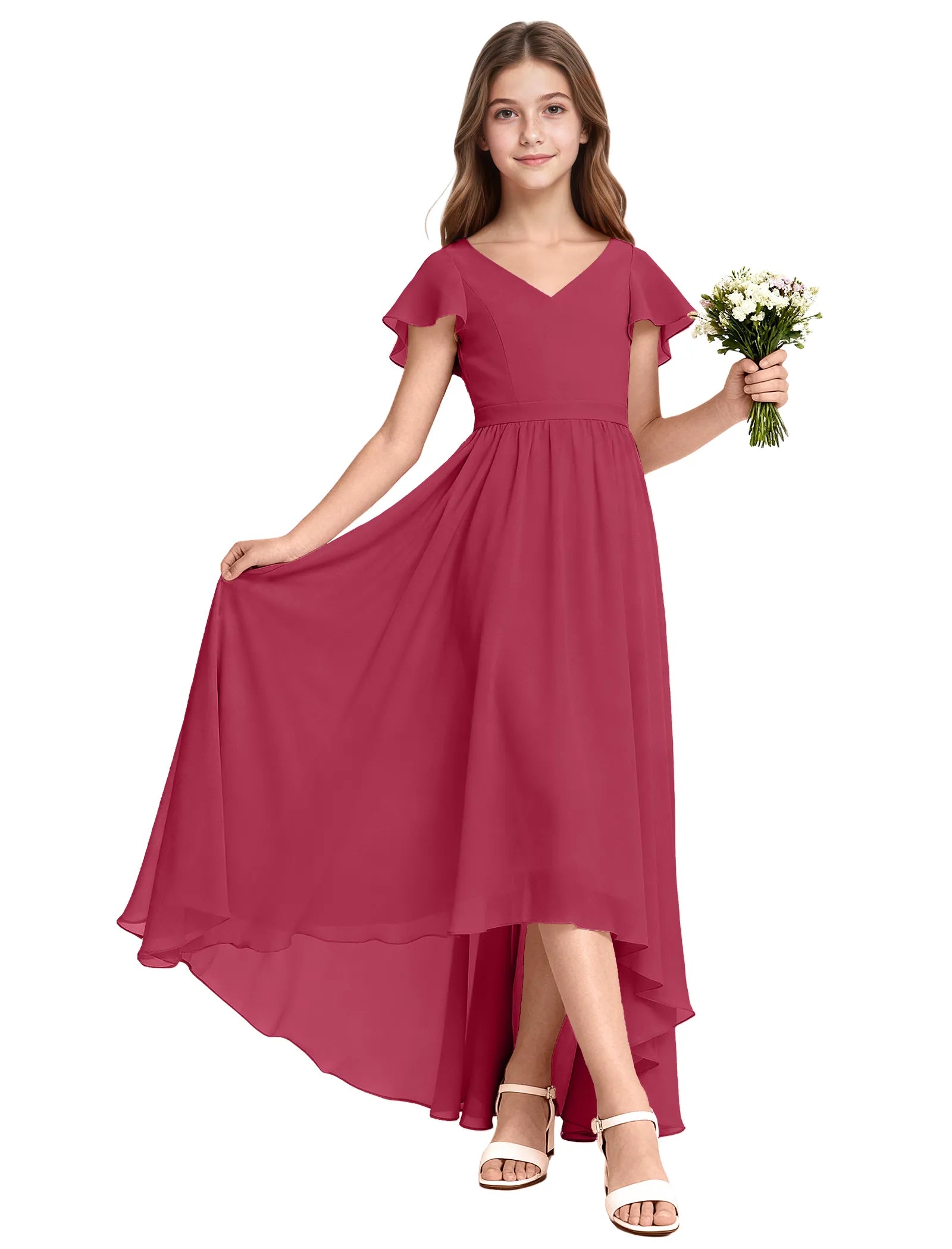 Girls Flutter Sleeve High Low Dress for Weddings