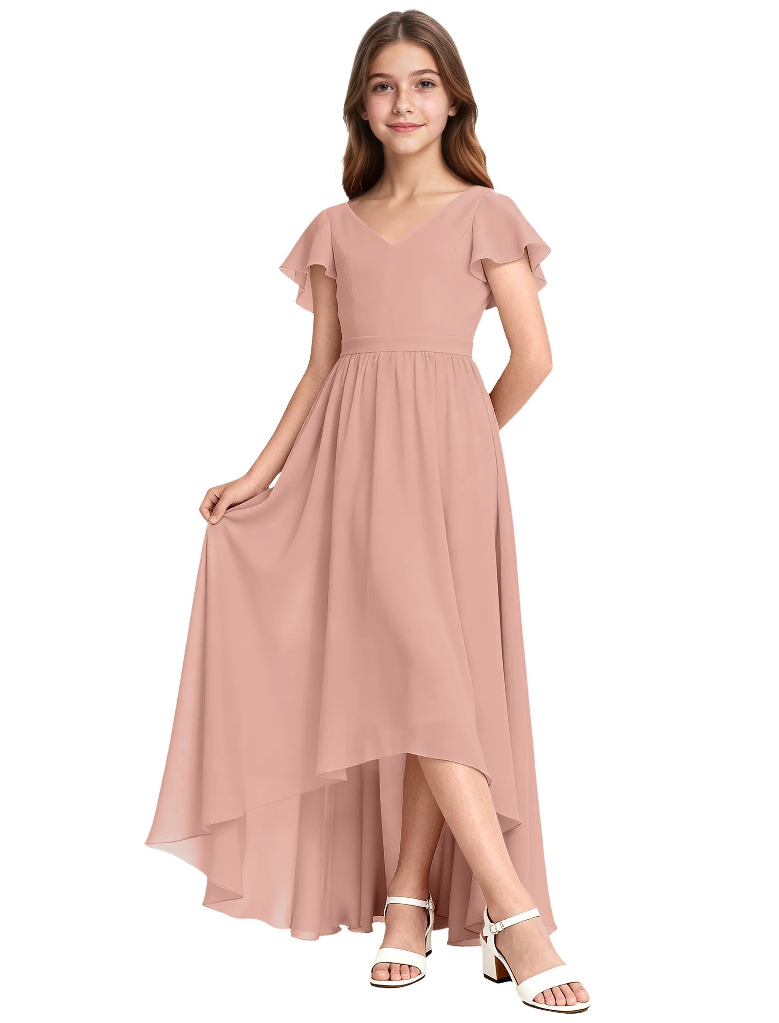 Girls Flutter Sleeve High Low Dress for Weddings
