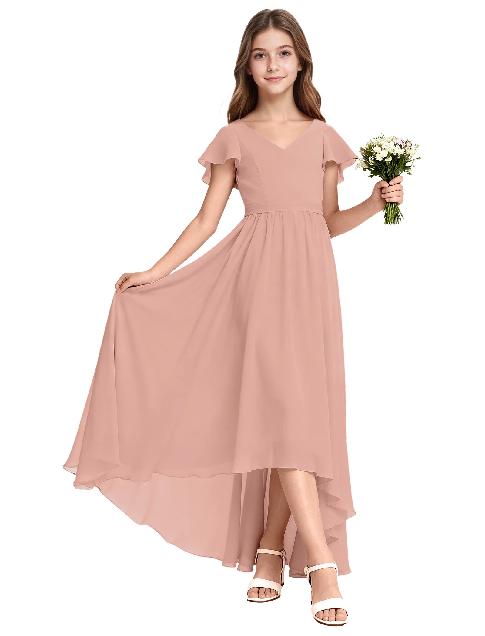 Girls Flutter Sleeve High Low Dress for Weddings