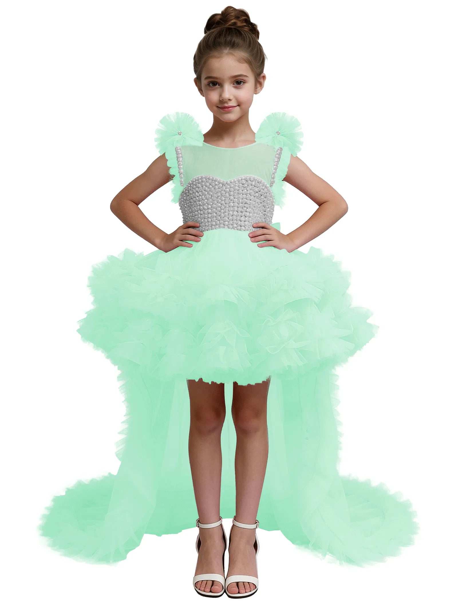 High-Low Pearl Bodice Tulle Princess Gown for Girls