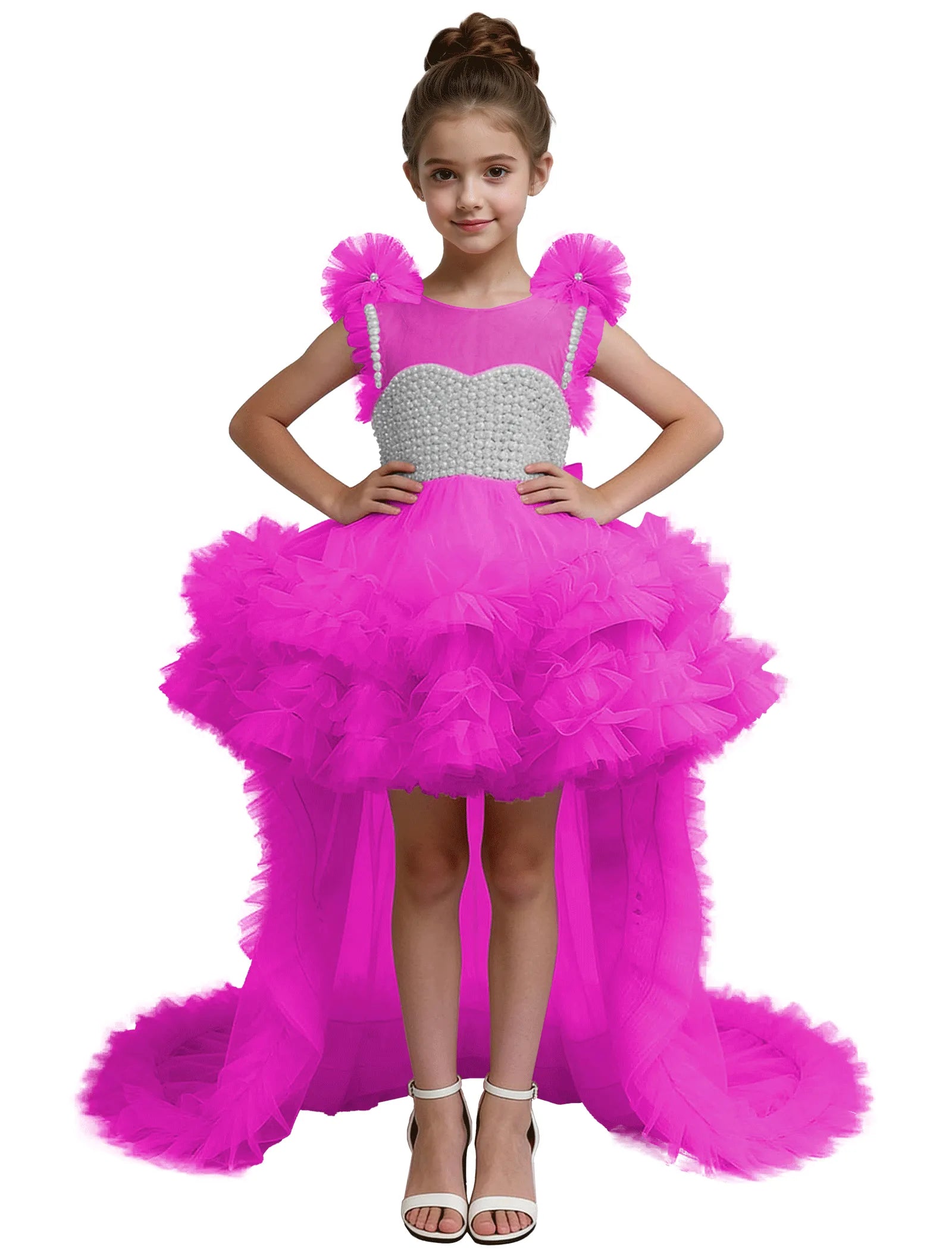 High-Low Pearl Bodice Tulle Princess Gown for Girls