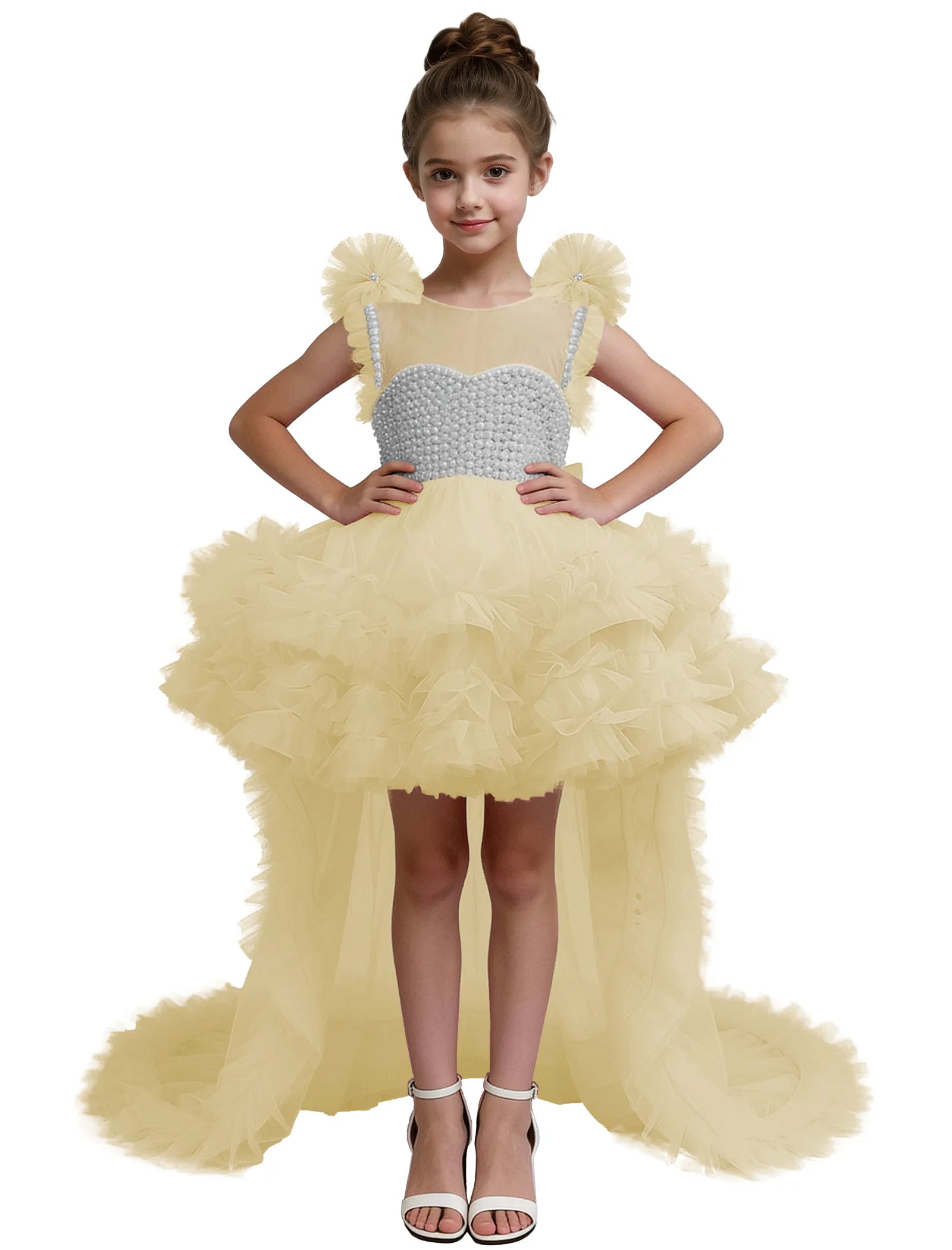 High-Low Pearl Bodice Tulle Princess Gown for Girls