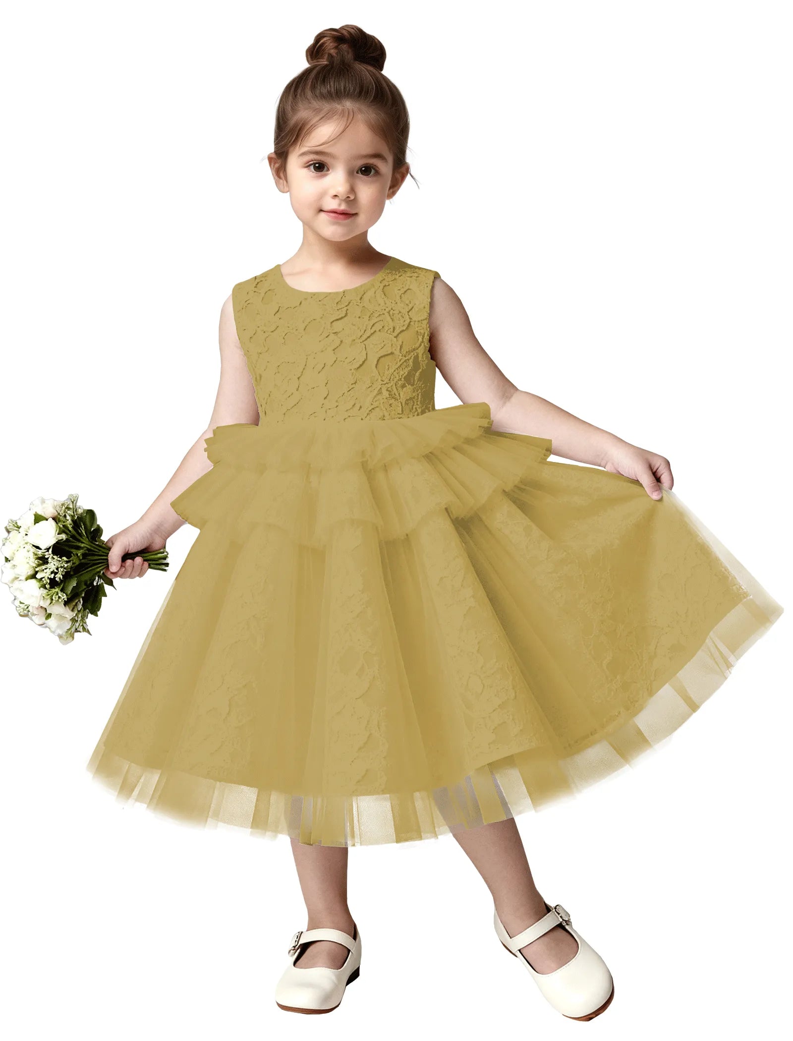 Girls Lace Flower Girl Dress with Tulle Layers
