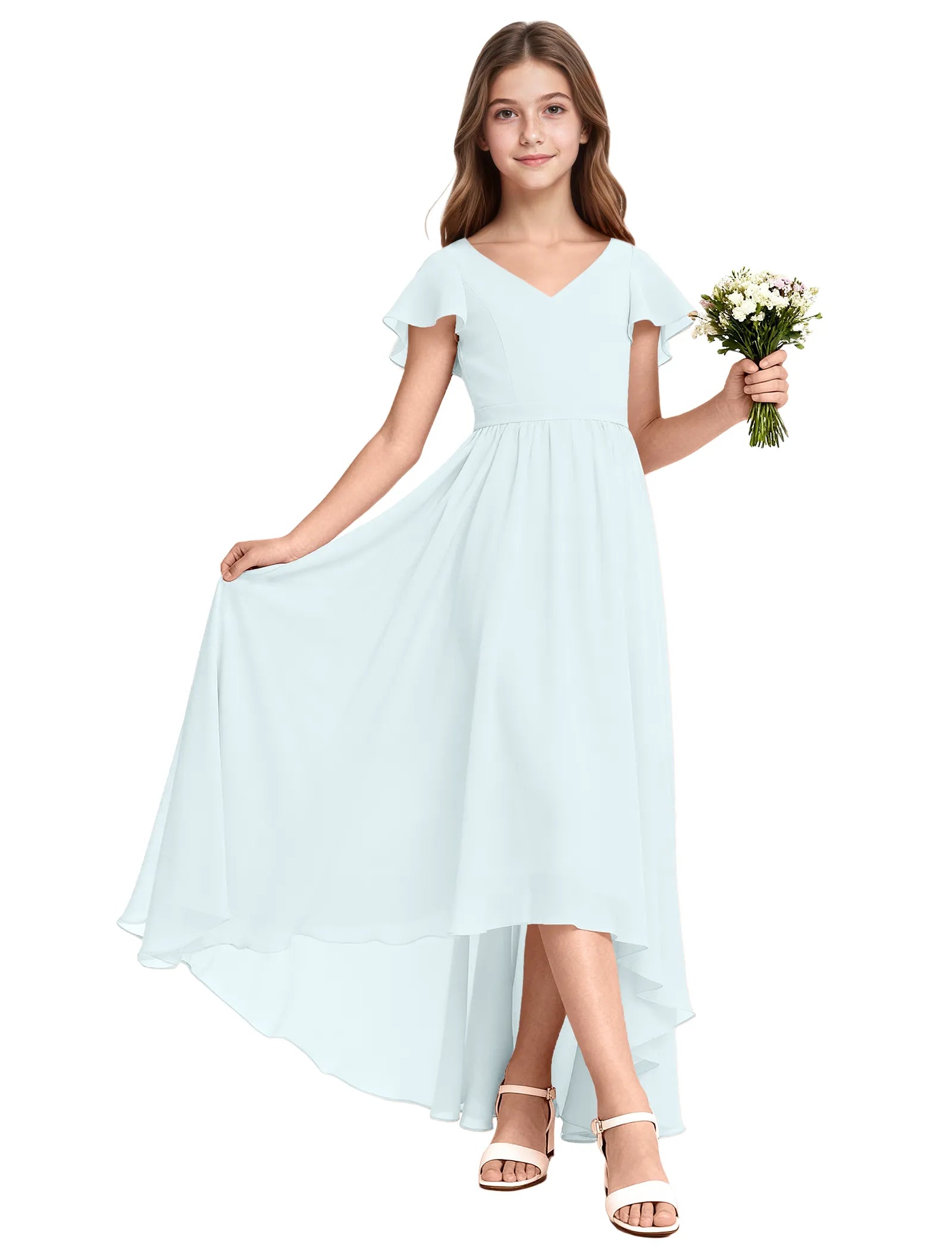 Girls Flutter Sleeve High Low Dress for Weddings