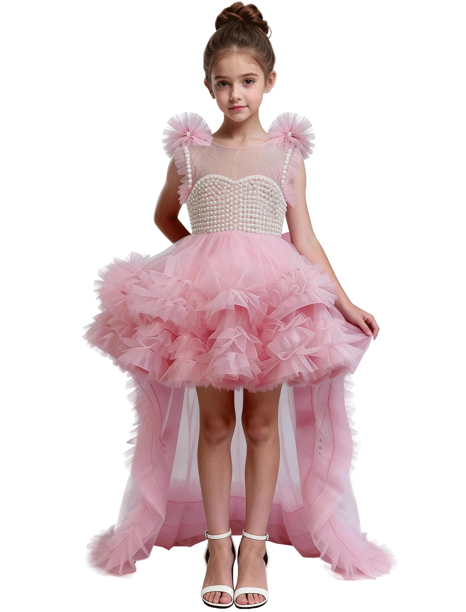 High-Low Pearl Bodice Tulle Princess Gown for Girls