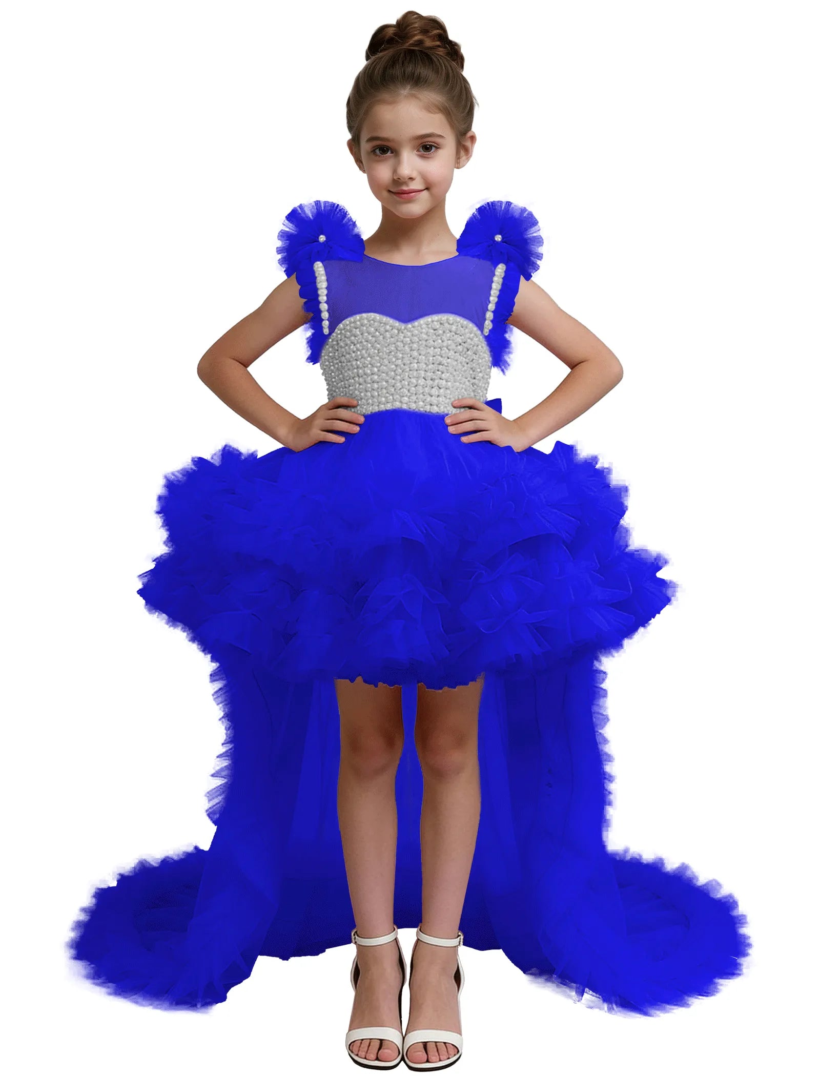 High-Low Pearl Bodice Tulle Princess Gown for Girls