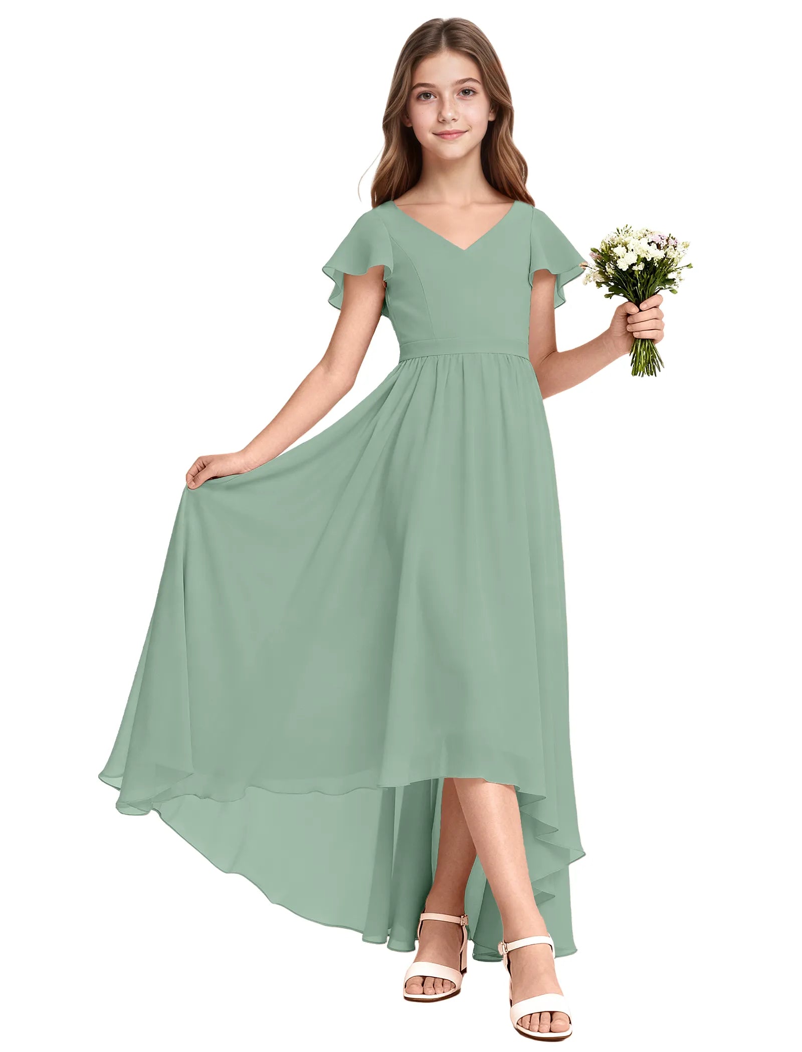 Girls Flutter Sleeve High Low Dress for Weddings