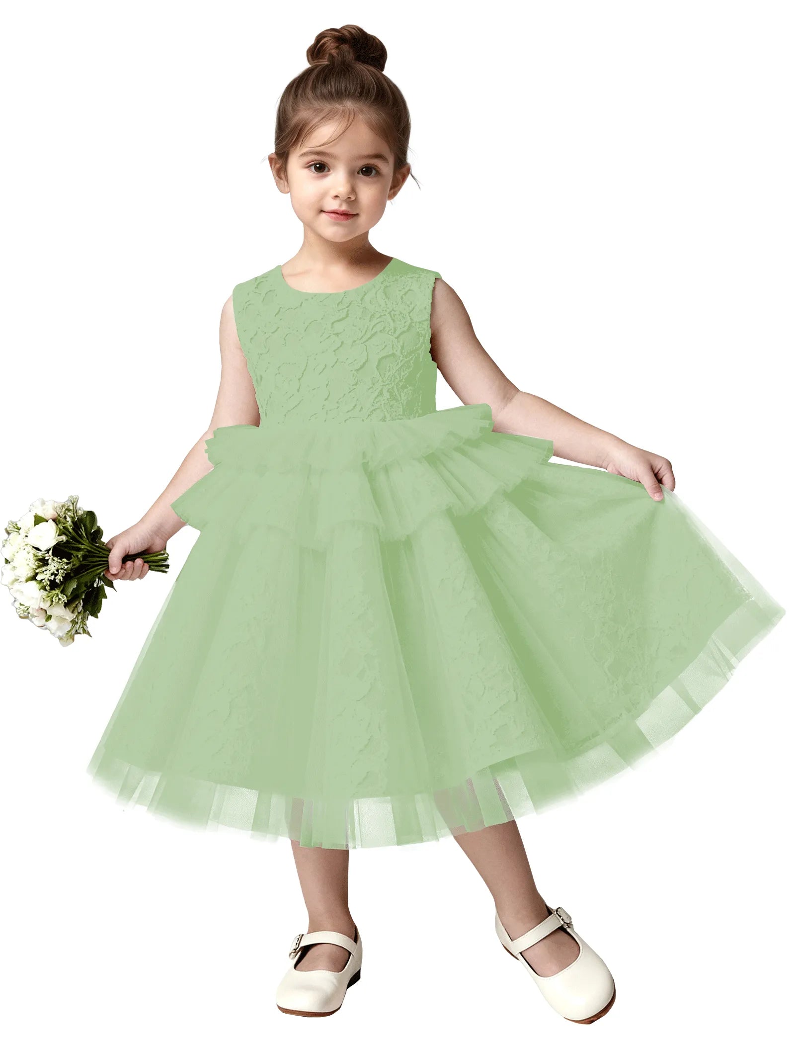 Girls Lace Flower Girl Dress with Tulle Layers