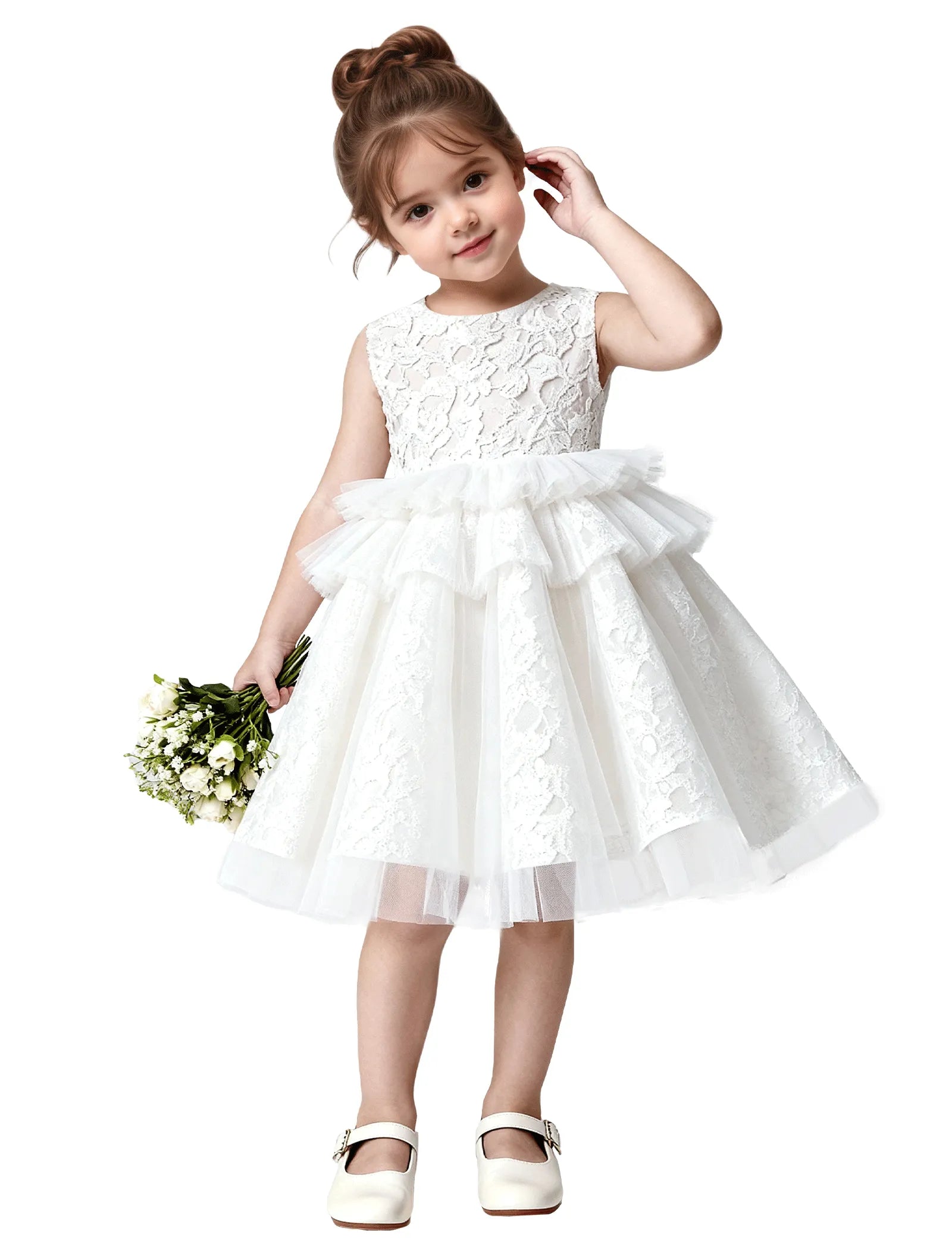 Girls Lace Flower Girl Dress with Tulle Layers