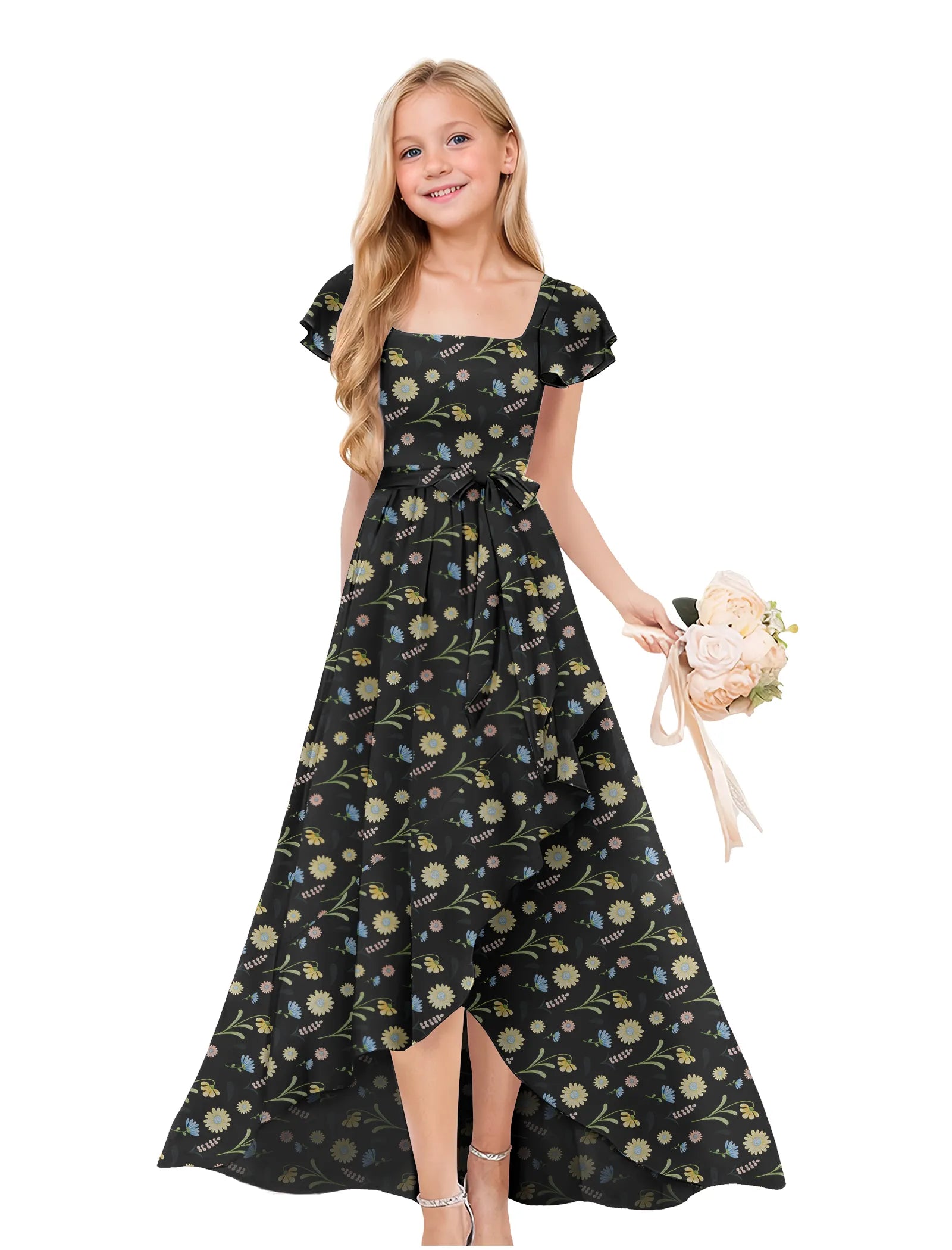 Girls Floral High-Low Maxi Dress with Flutter Sleeves