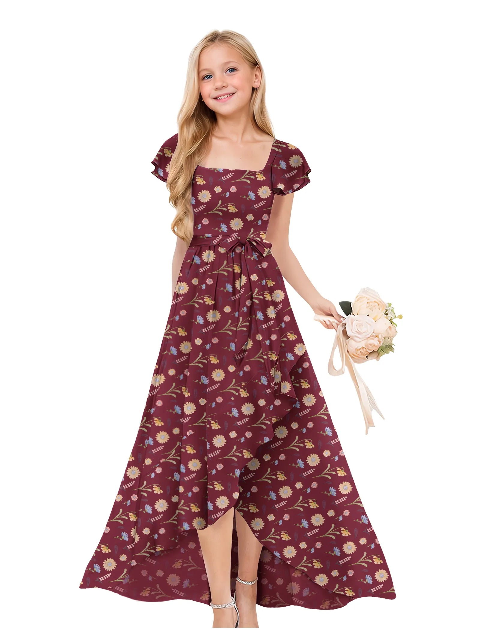Girls Floral High-Low Maxi Dress with Flutter Sleeves