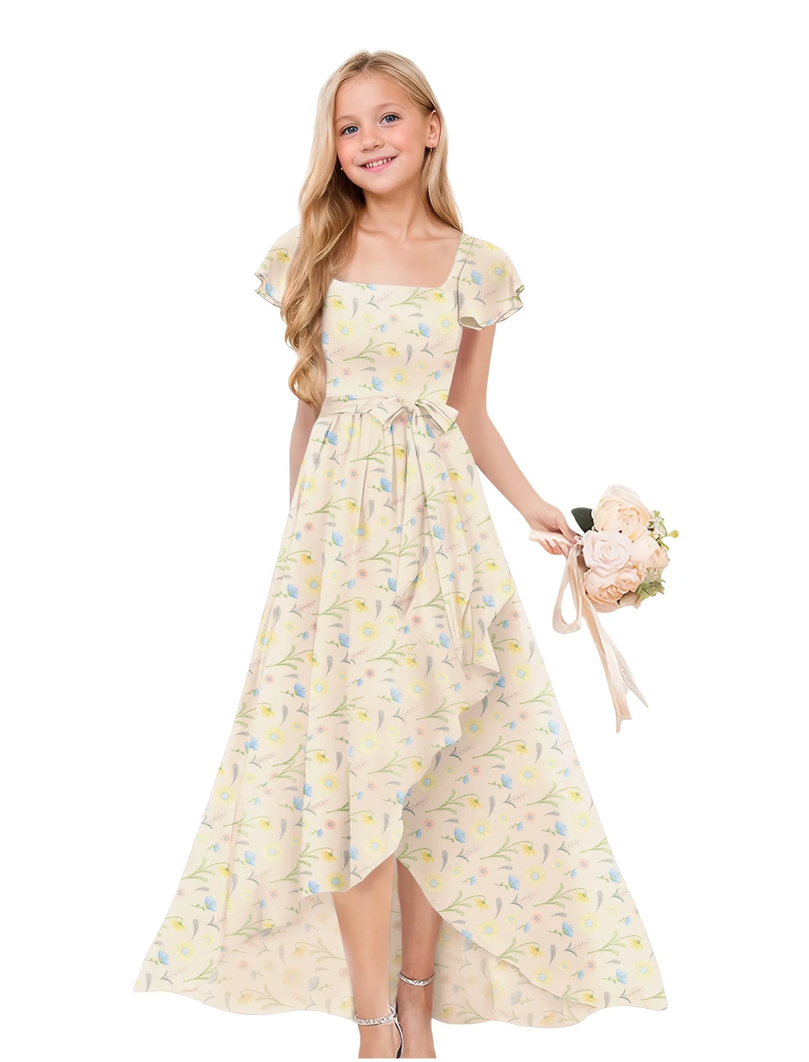 Girls Floral High-Low Maxi Dress with Flutter Sleeves