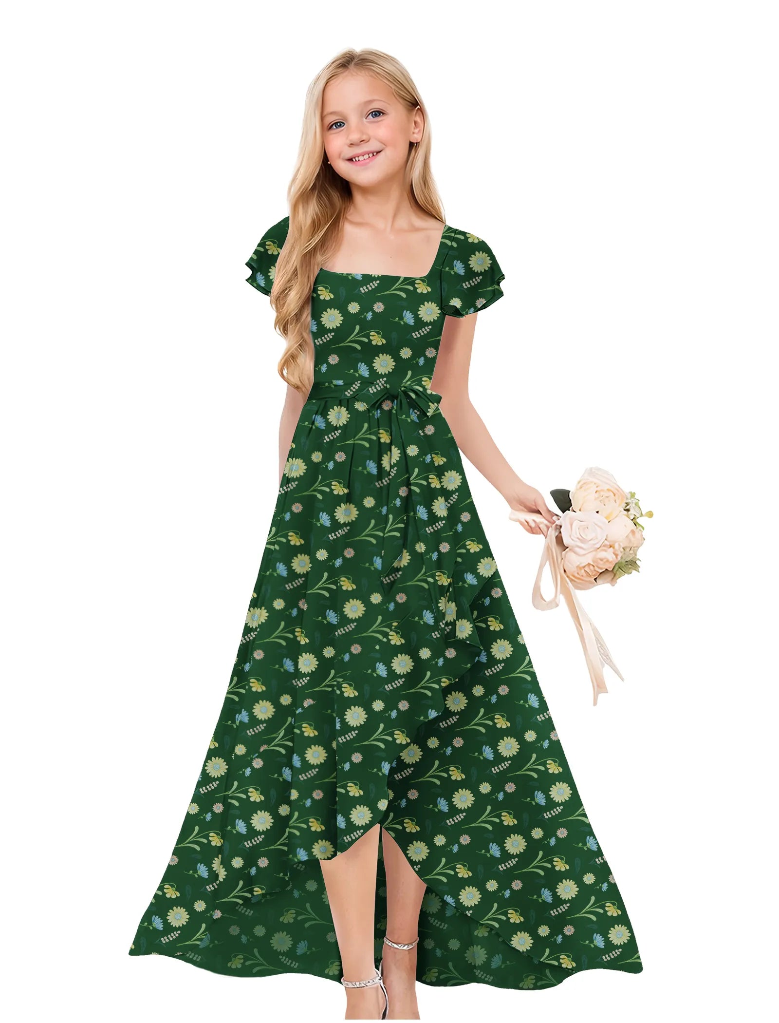 Girls Floral High-Low Maxi Dress with Flutter Sleeves