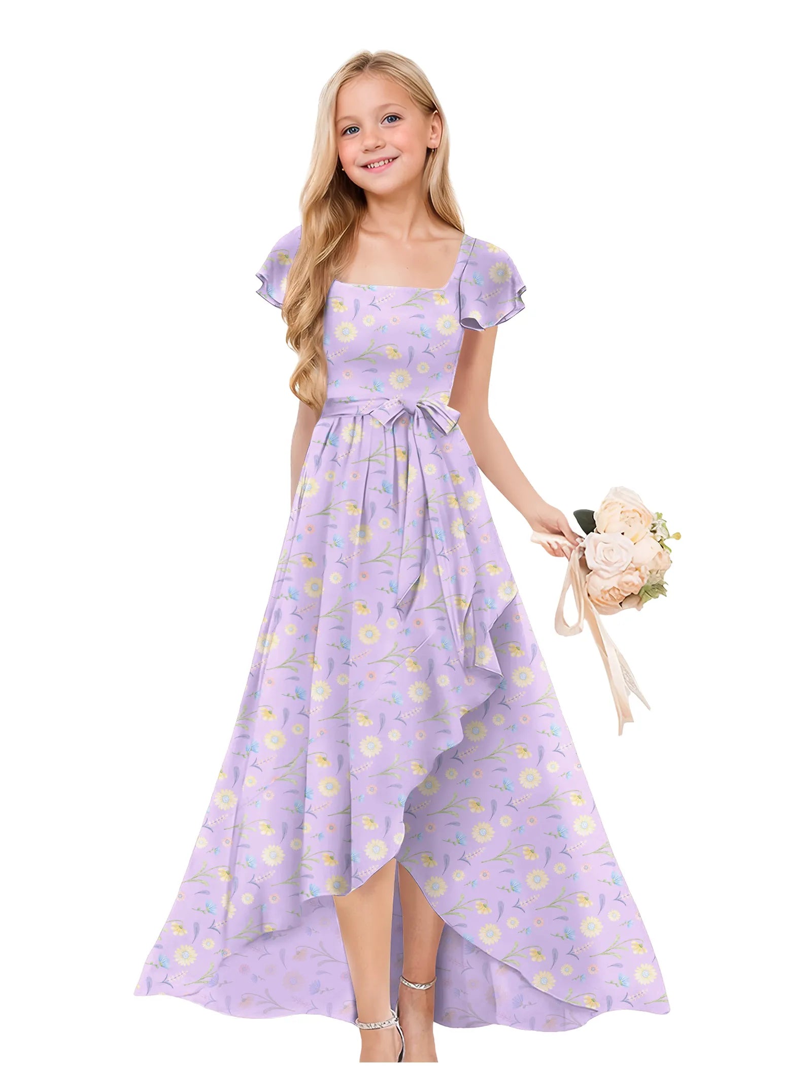 Girls Floral High-Low Maxi Dress with Flutter Sleeves