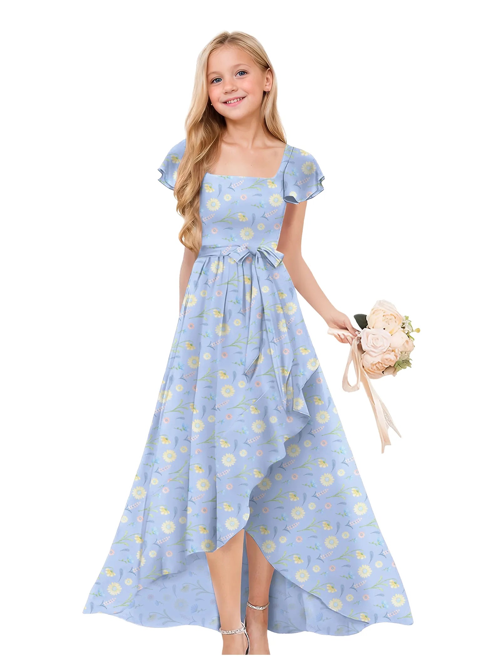Girls Floral High-Low Maxi Dress with Flutter Sleeves