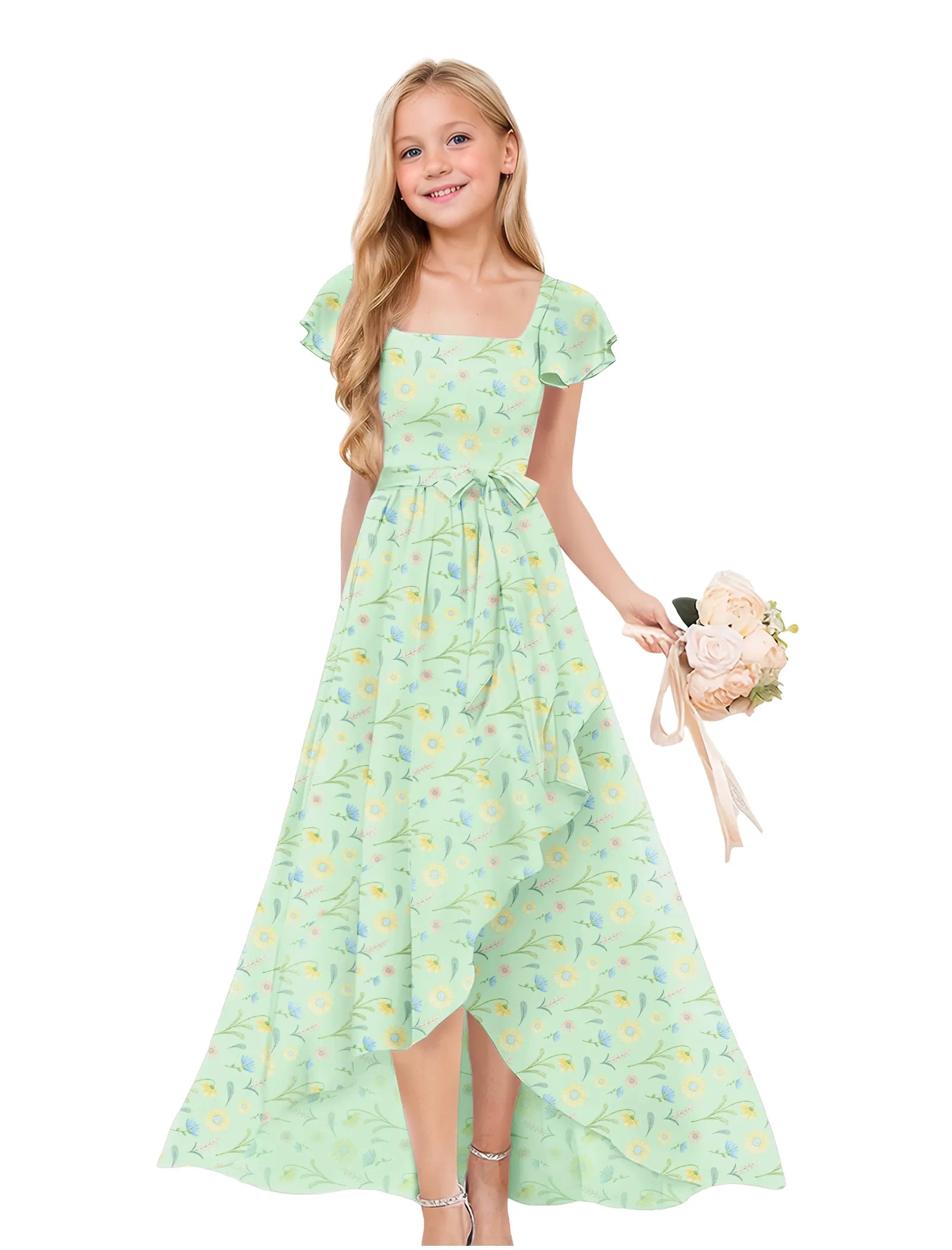 Girls Floral High-Low Maxi Dress with Flutter Sleeves