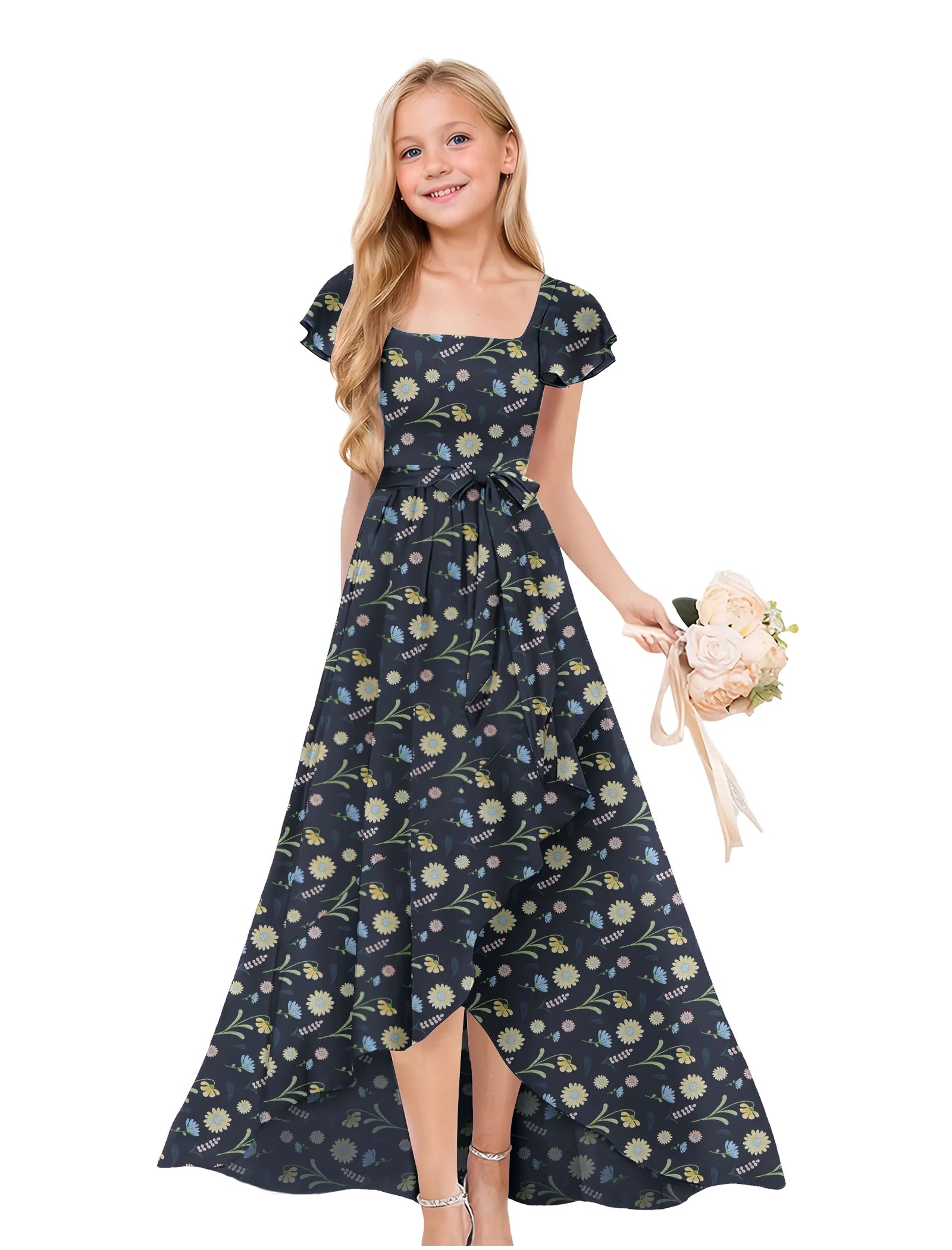 Girls Floral High-Low Maxi Dress with Flutter Sleeves