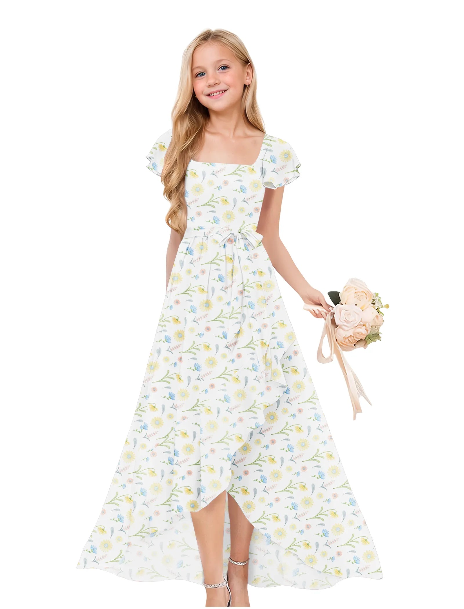 Girls Floral High-Low Maxi Dress with Flutter Sleeves