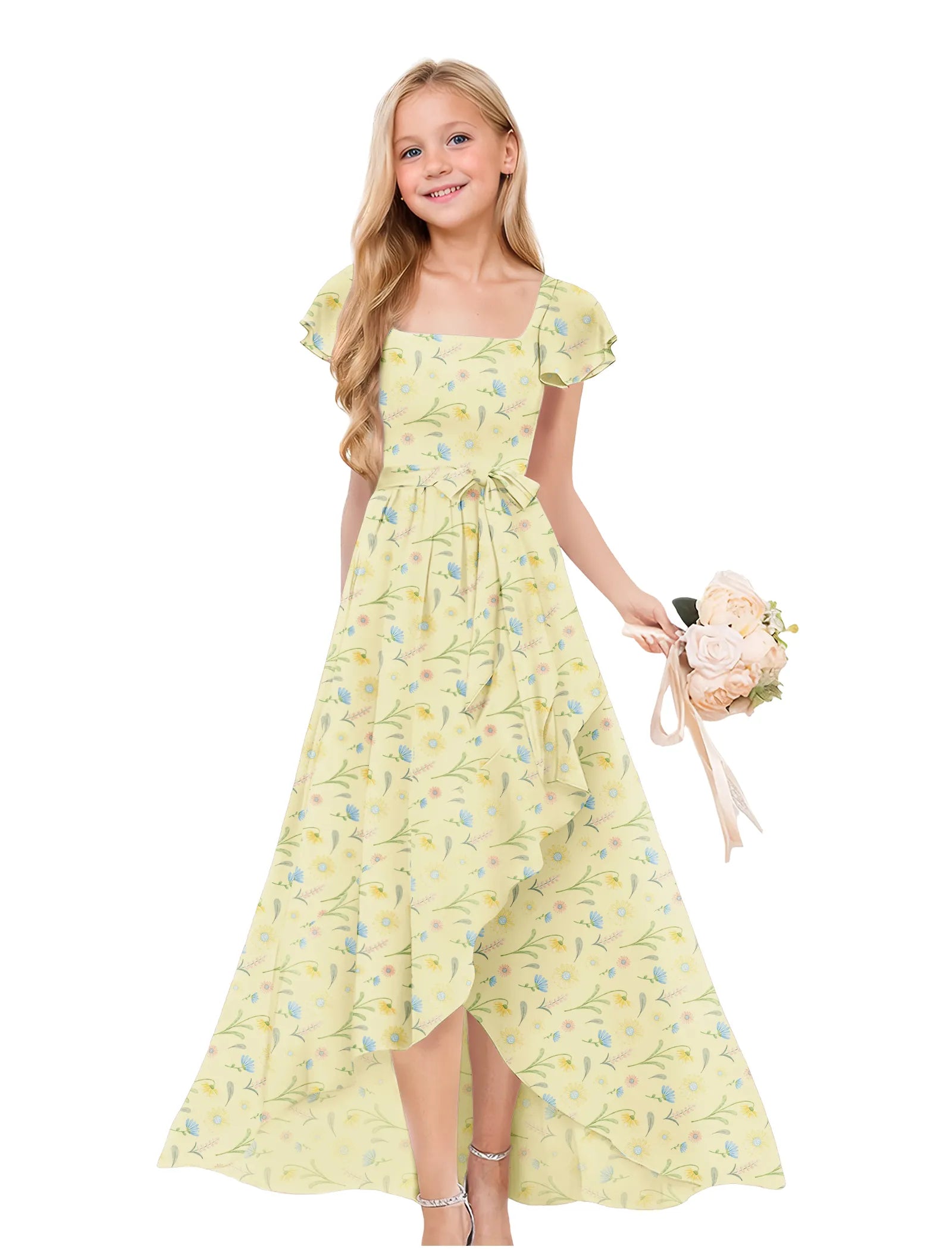 Girls Floral High-Low Maxi Dress with Flutter Sleeves
