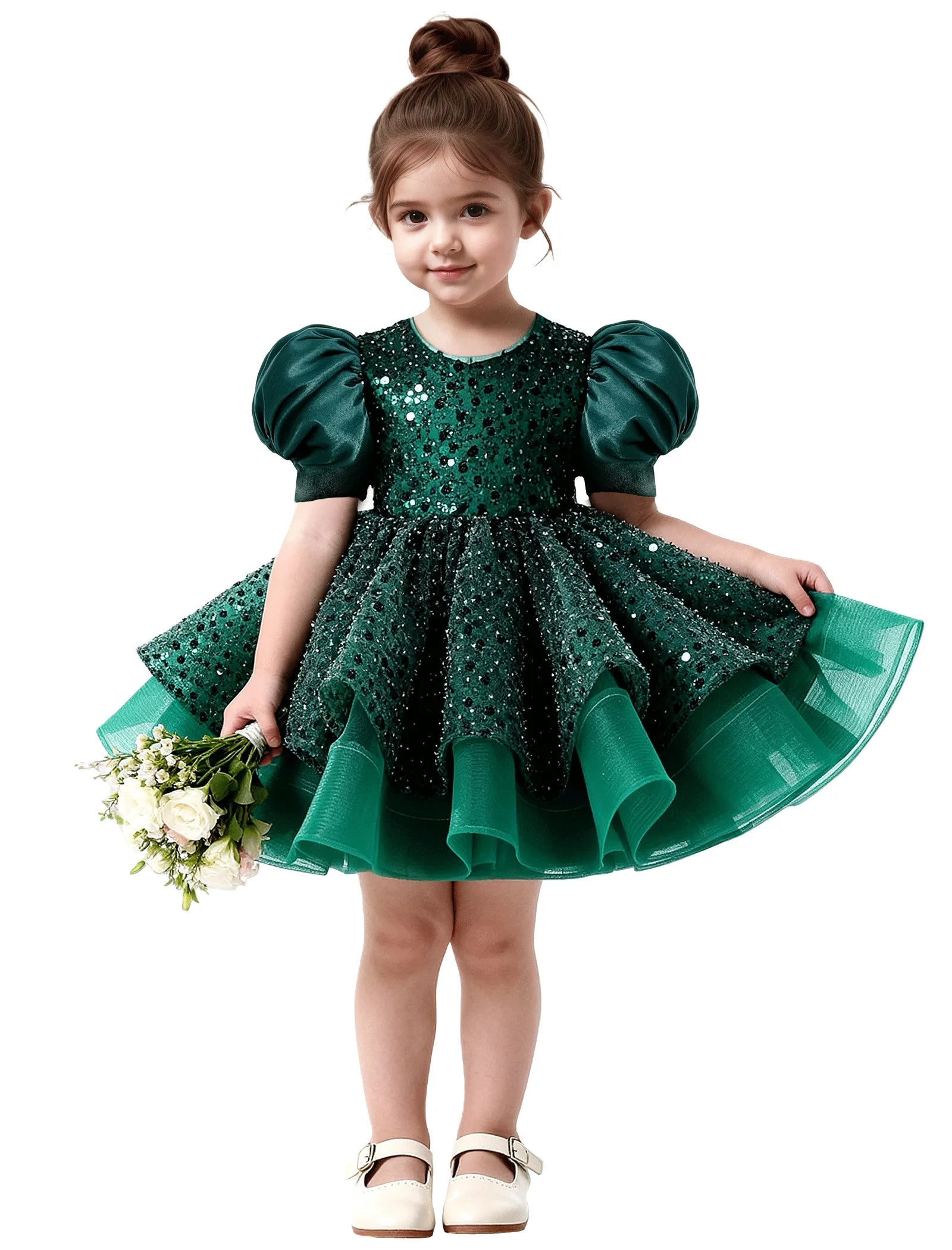 Ruffled Tulle Pageant Dress with Puff Sleeves