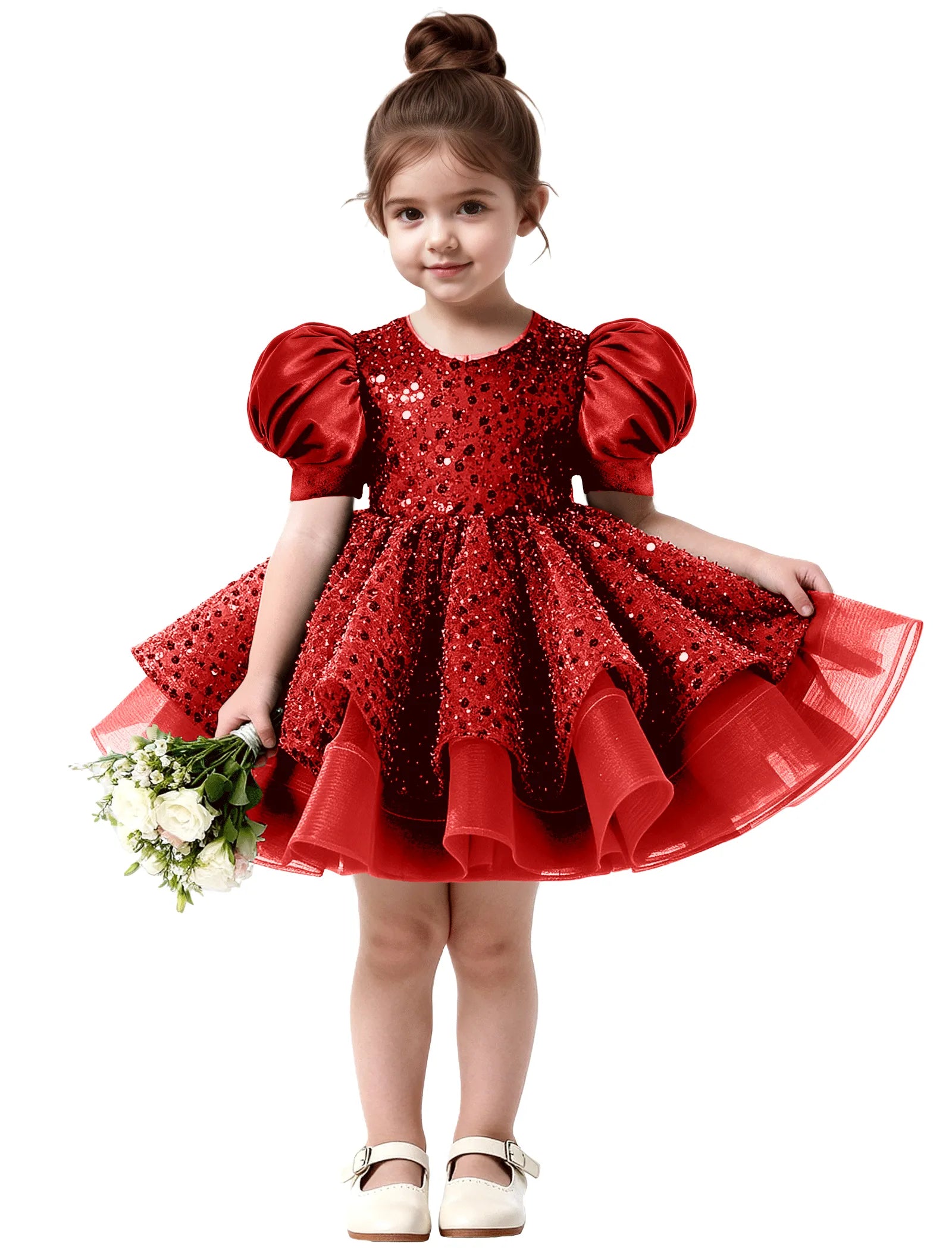 Ruffled Tulle Pageant Dress with Puff Sleeves