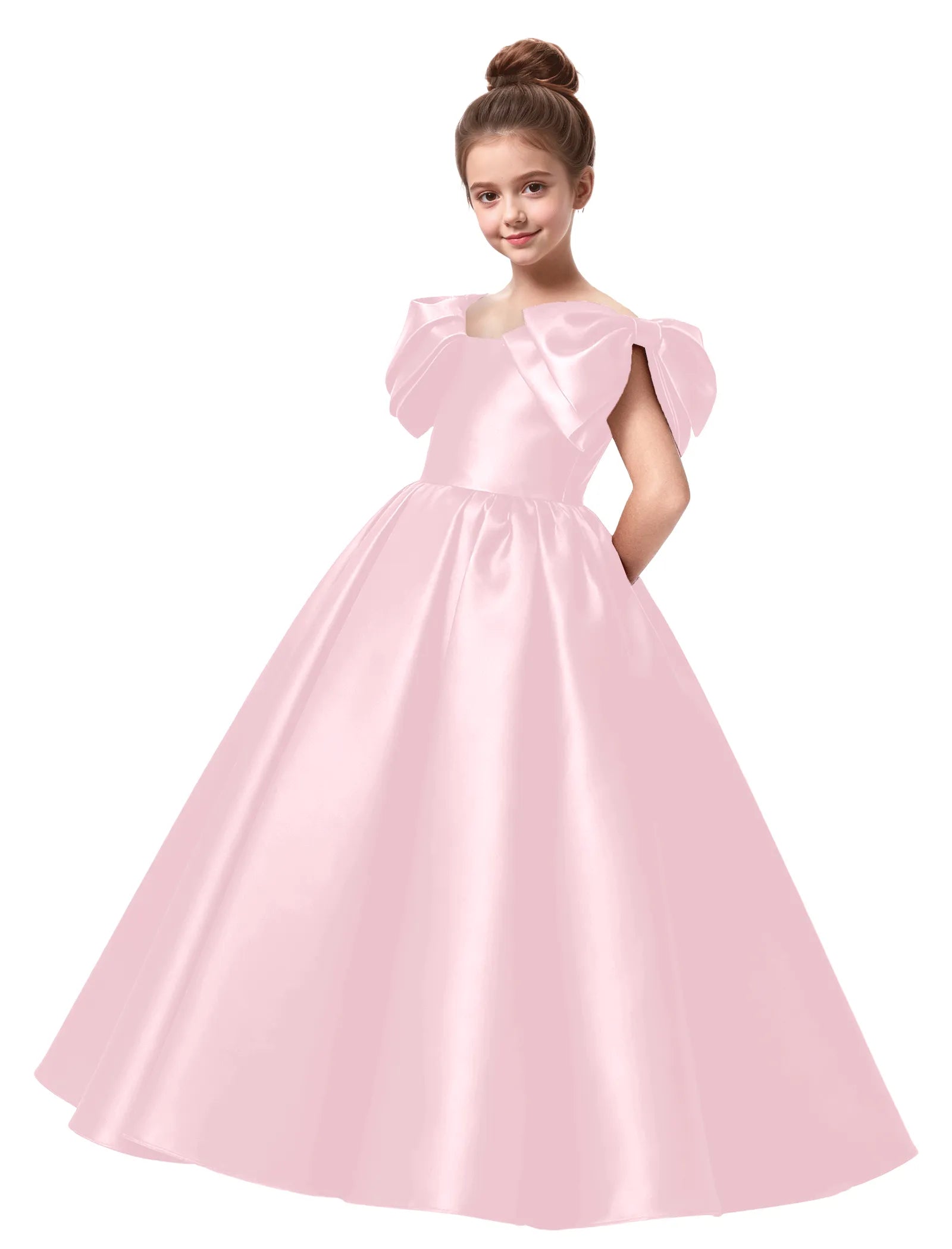 Junior Bridesmaid Satin Dress with Dramatic Bows