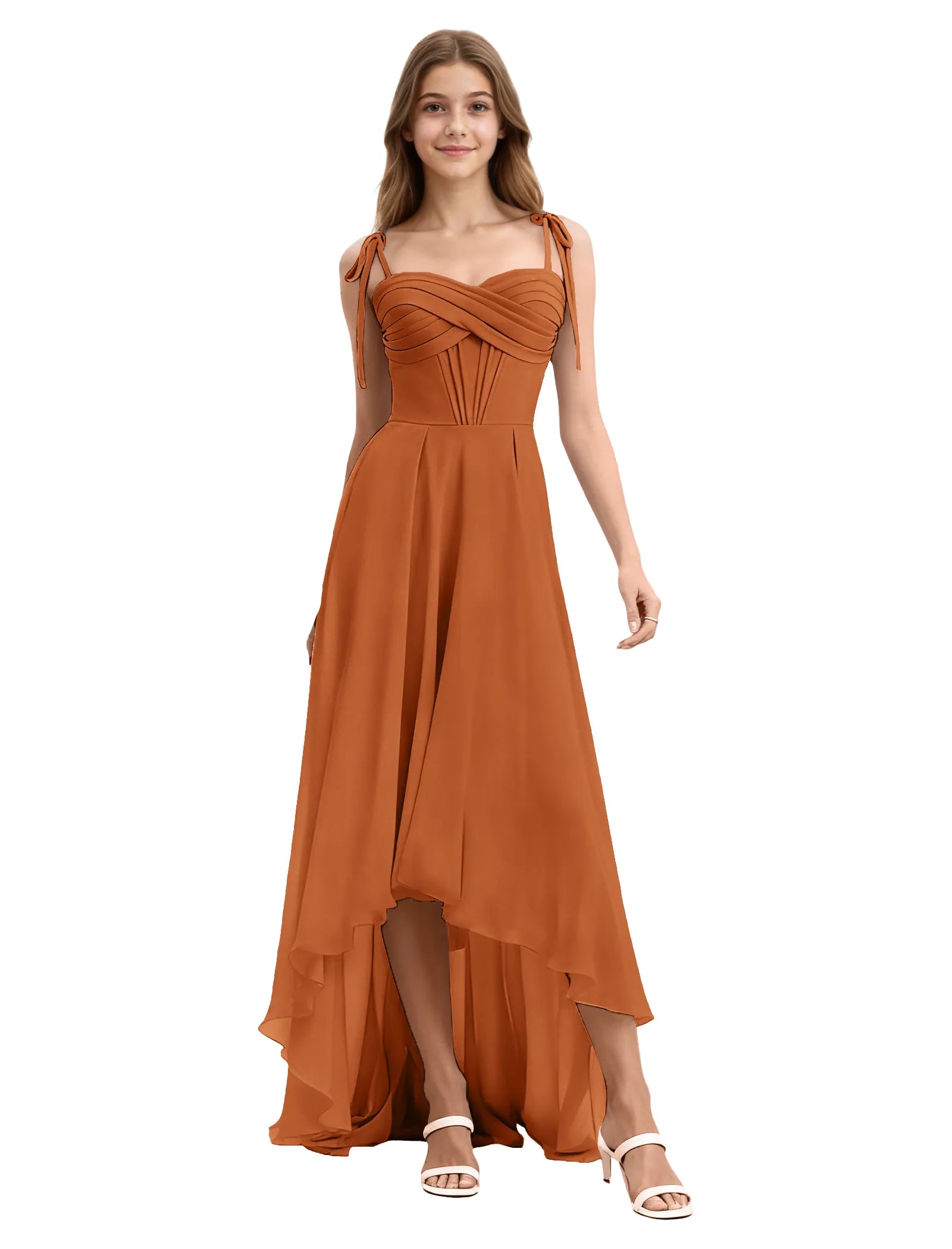Girls High Low Chiffon Dress with Ruched Bodice