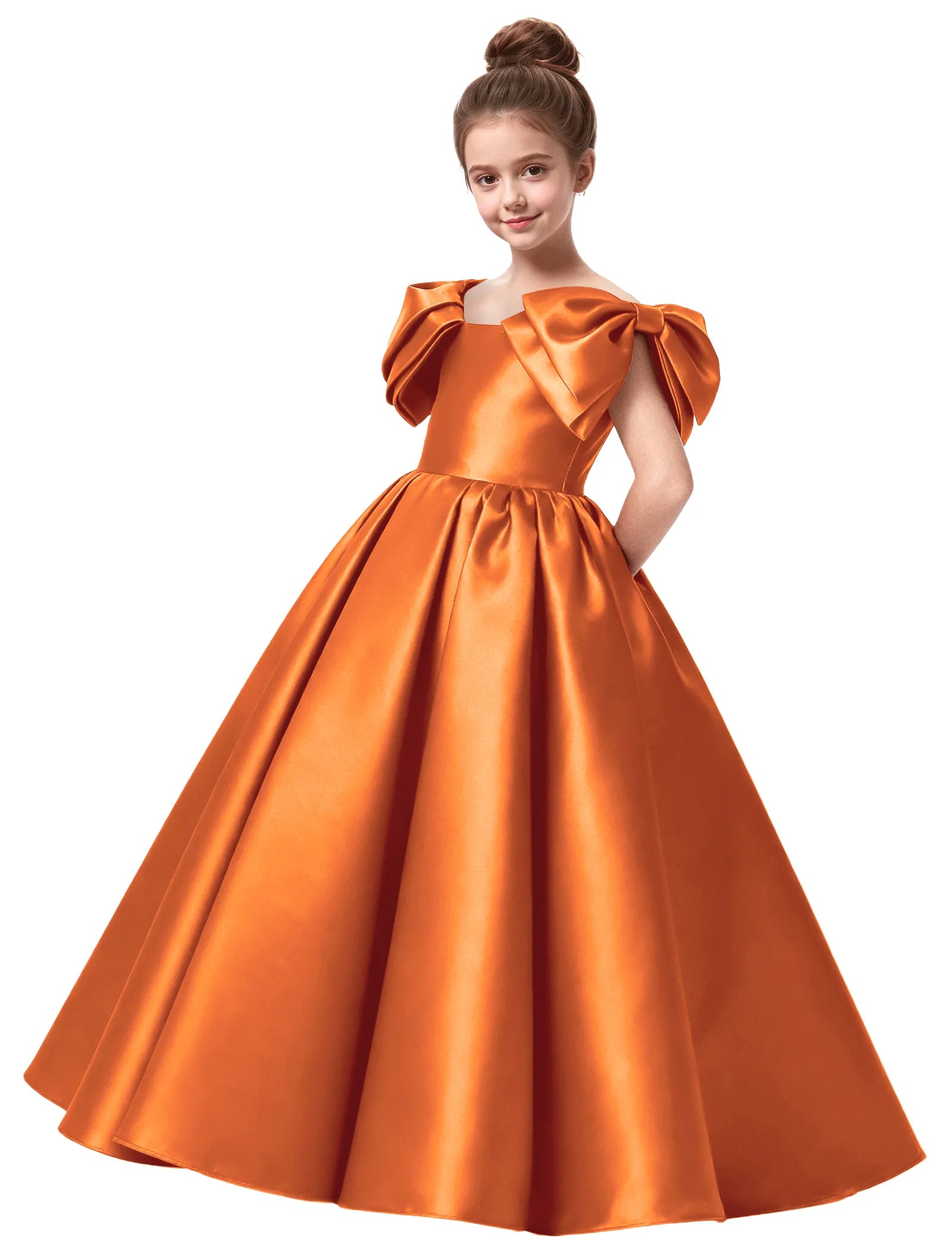 Junior Bridesmaid Satin Dress with Dramatic Bows