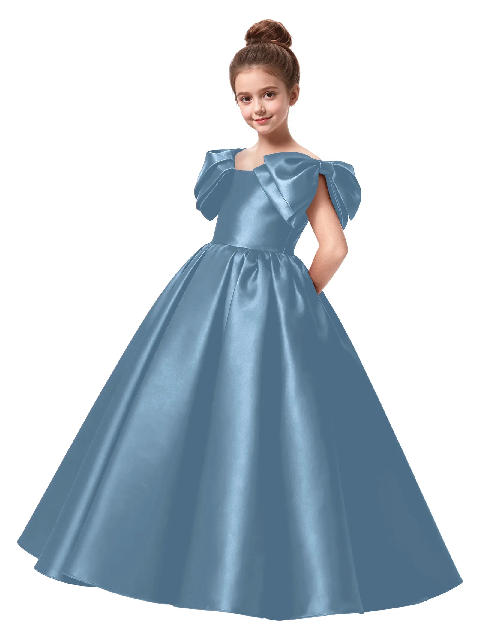 Junior Bridesmaid Satin Dress with Dramatic Bows