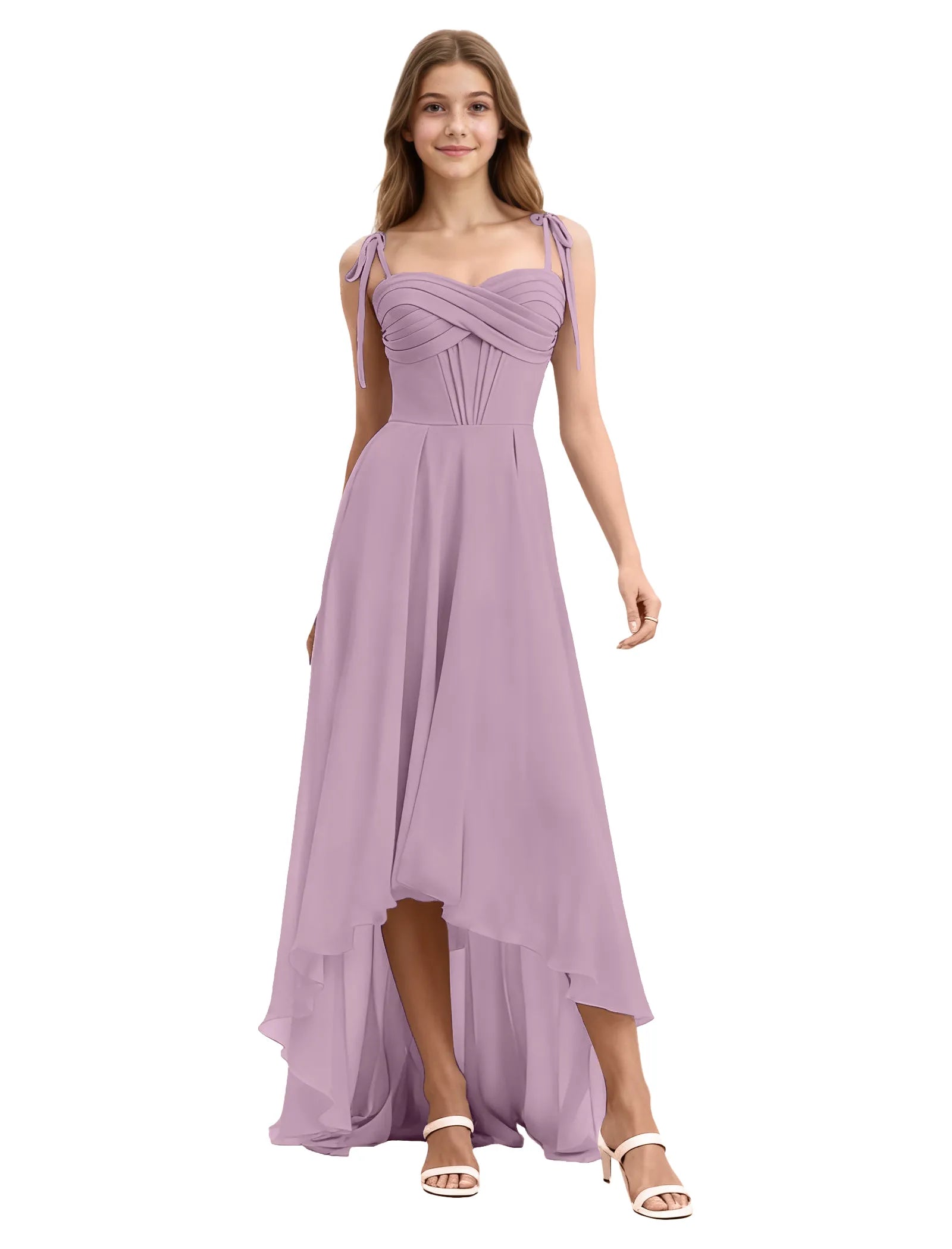 Girls High Low Chiffon Dress with Ruched Bodice