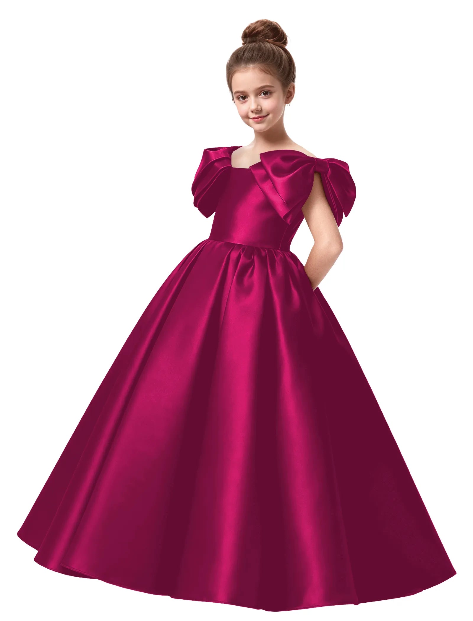 Junior Bridesmaid Satin Dress with Dramatic Bows