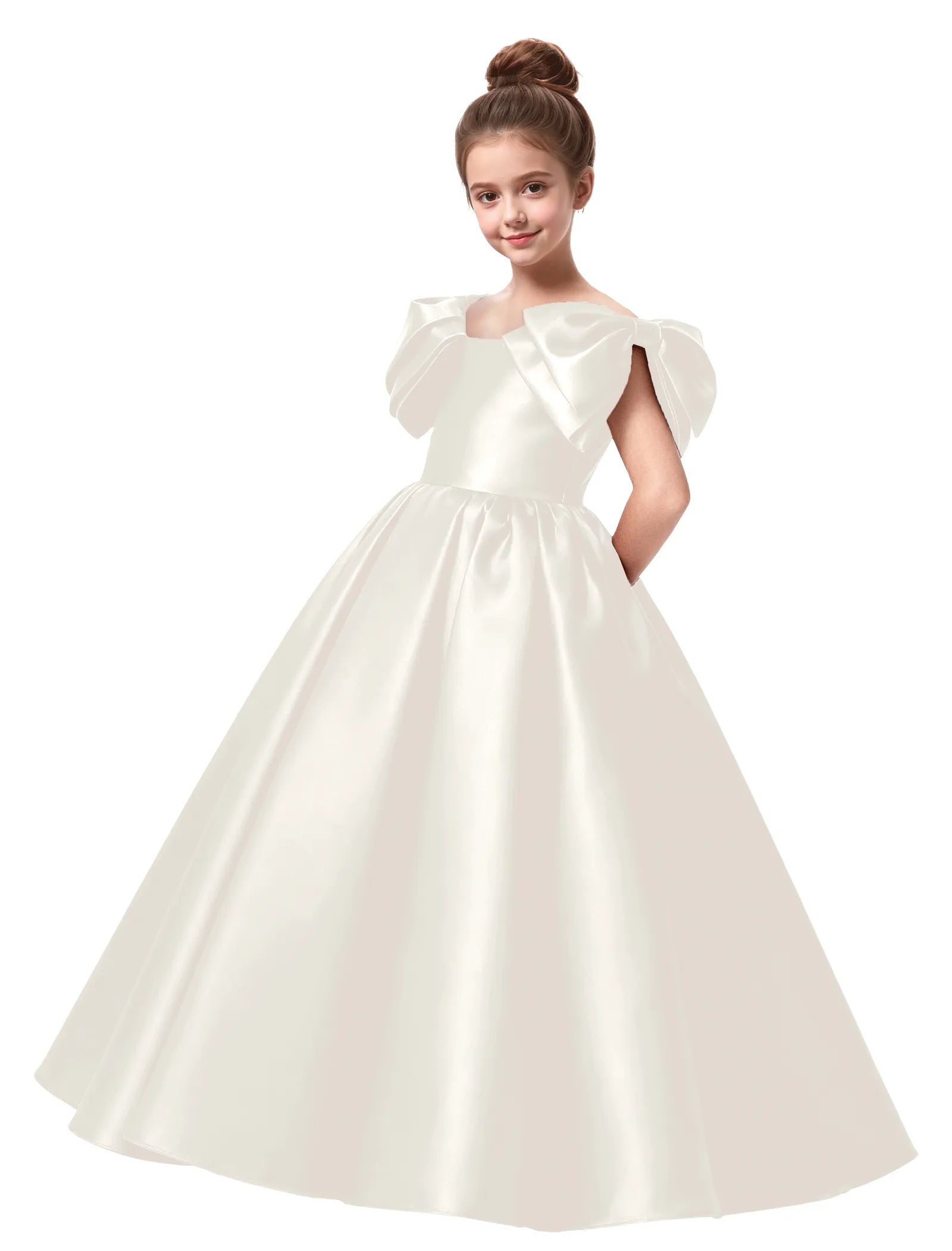 Junior Bridesmaid Satin Dress with Dramatic Bows