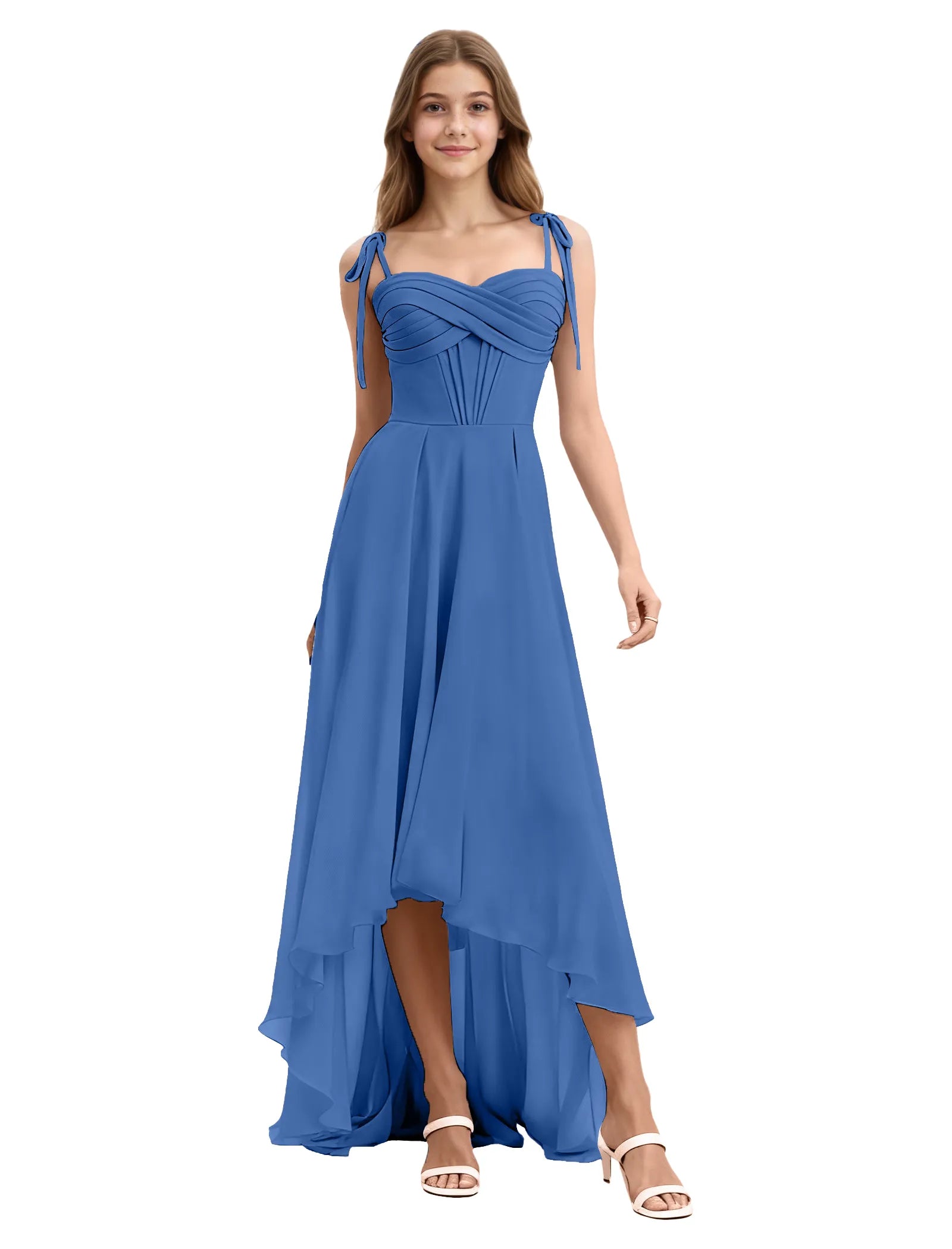 Girls High Low Chiffon Dress with Ruched Bodice