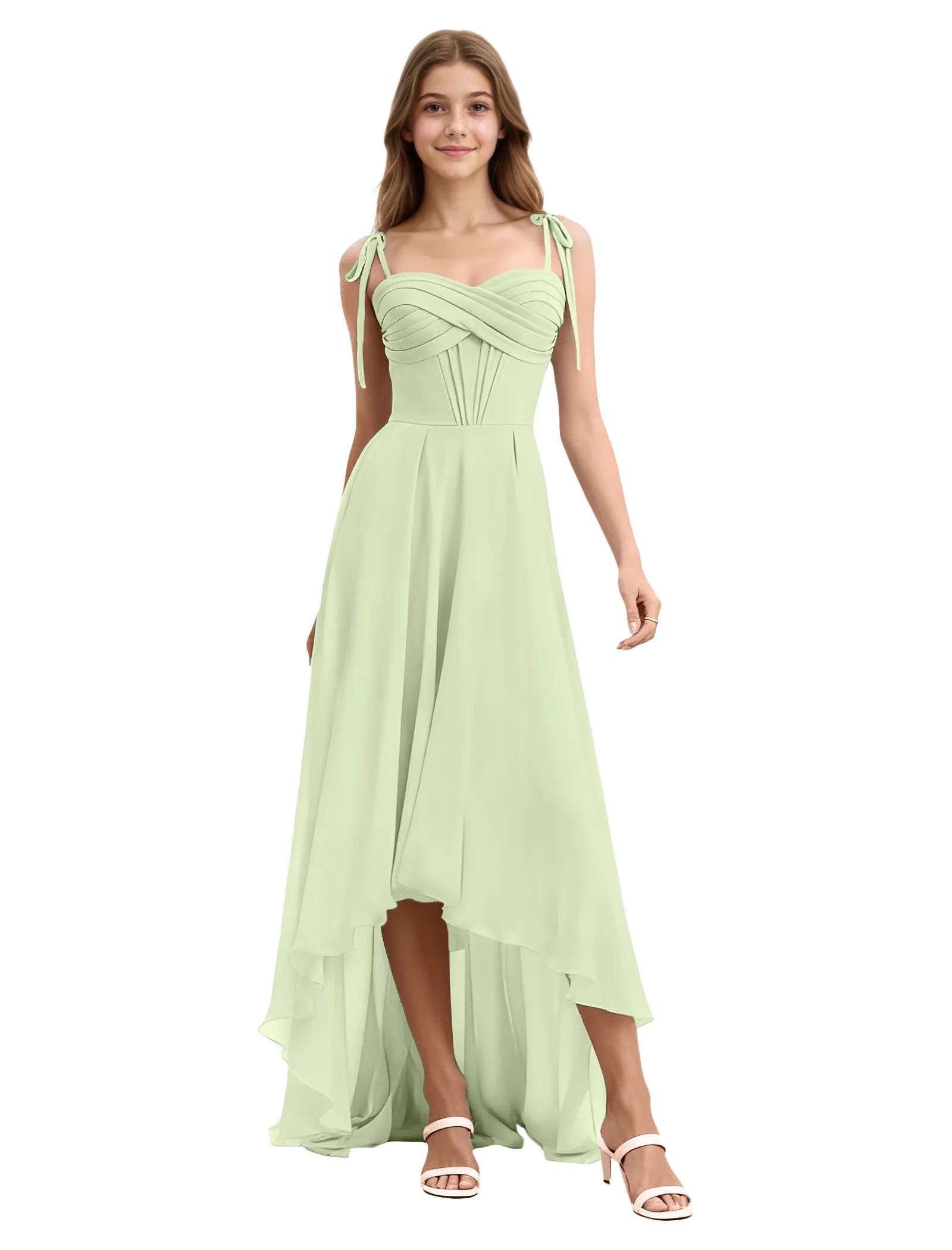 Girls High Low Chiffon Dress with Ruched Bodice