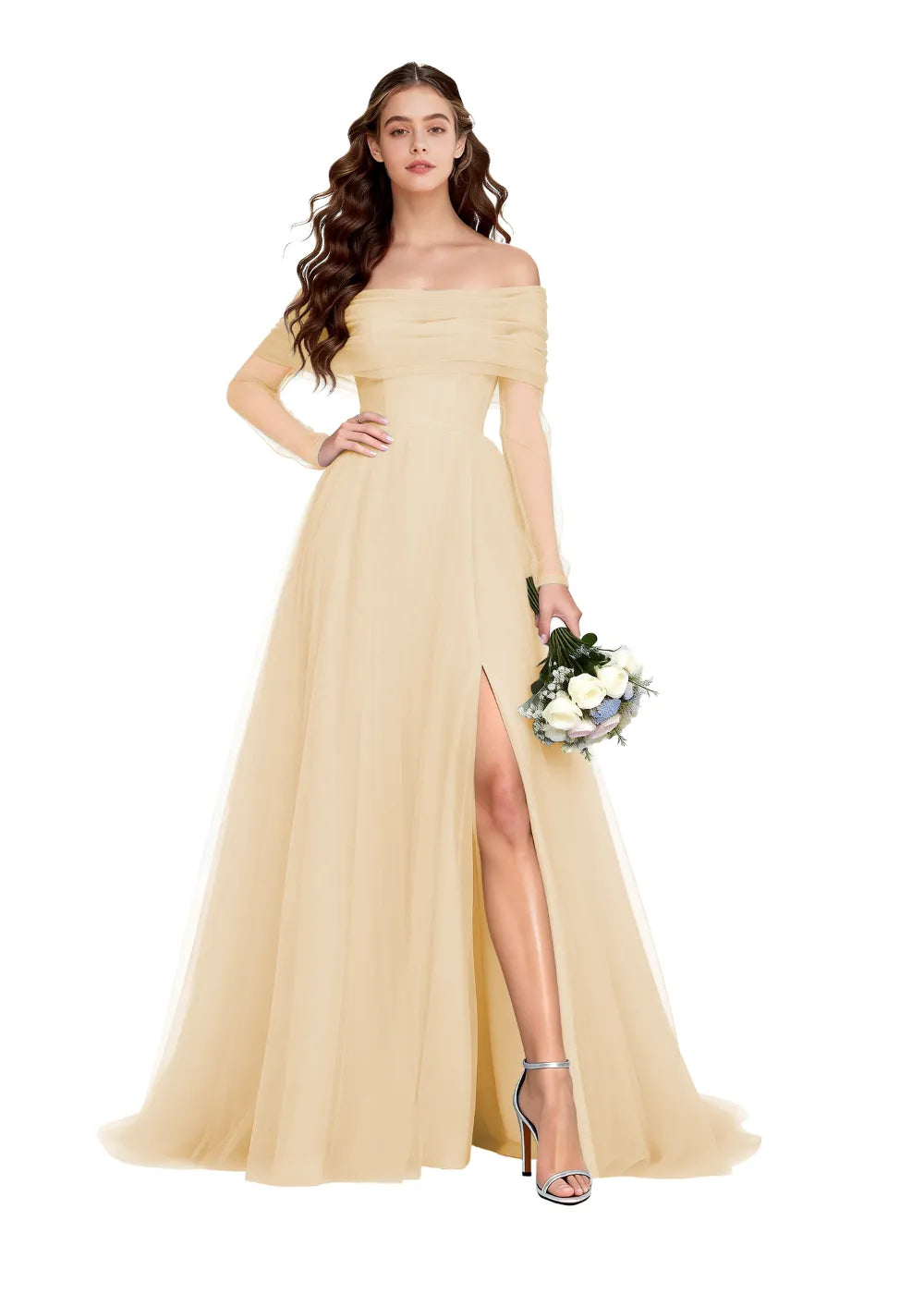 Off-Shoulder Tulle Long Sleeve A-Line Gown with Slit