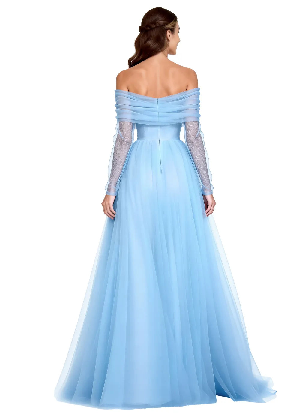 Off-Shoulder Tulle Long Sleeve A-Line Gown with Slit