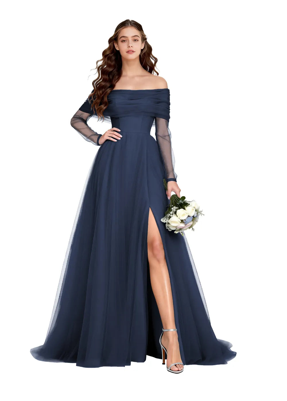 Off-Shoulder Tulle Long Sleeve A-Line Gown with Slit