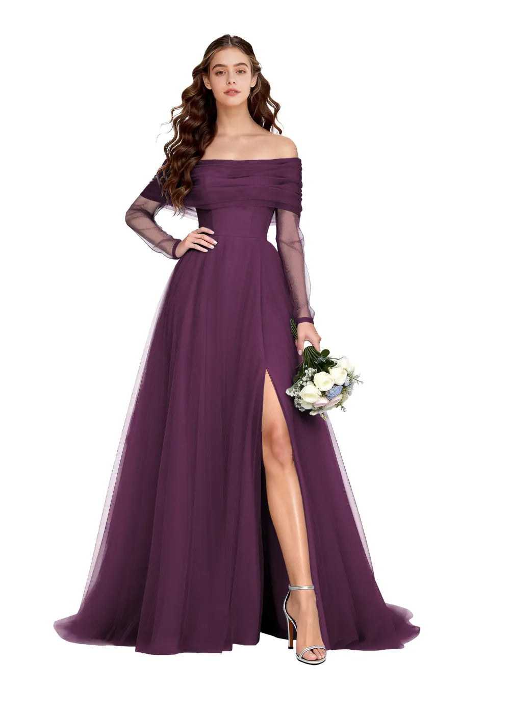 Off-Shoulder Tulle Long Sleeve A-Line Gown with Slit