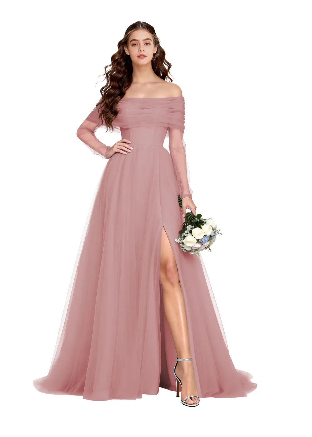 Off-Shoulder Tulle Long Sleeve A-Line Gown with Slit